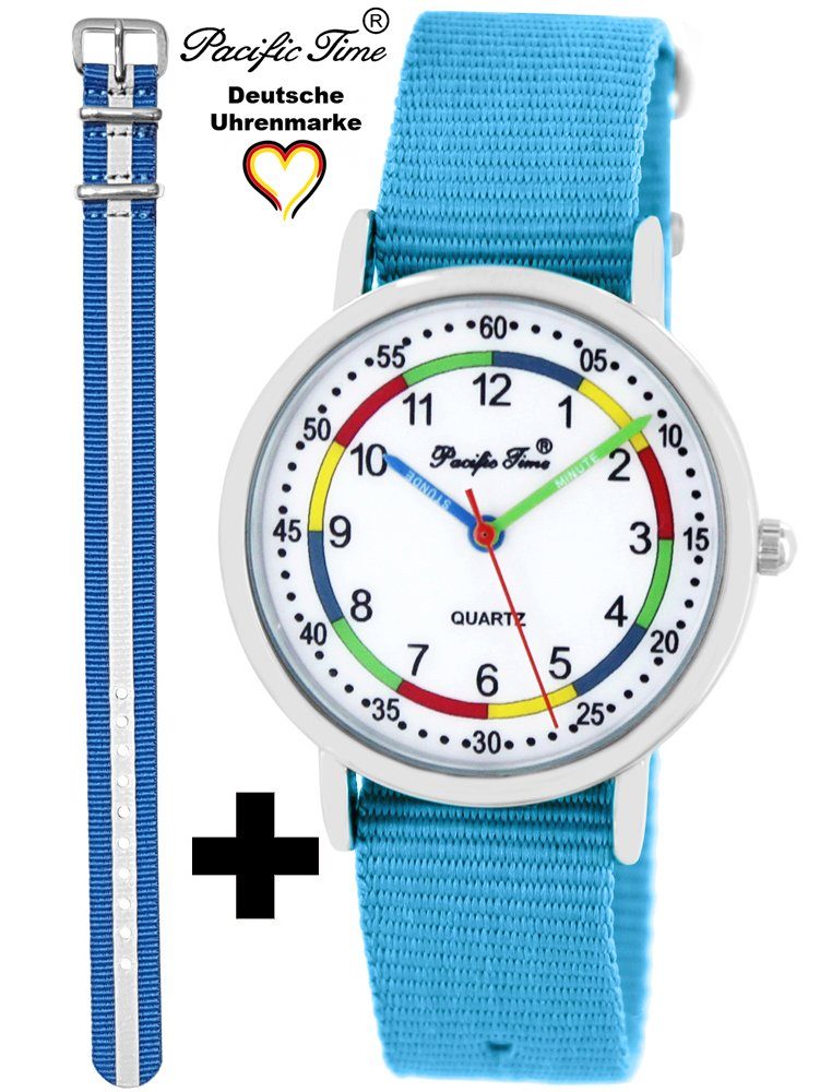 Pacific Time Quarzuhr Set blau Gratis und Match und - Reflektor hellblau Kinder Wechselarmband, First Mix Armbanduhr Lernuhr Design Versand