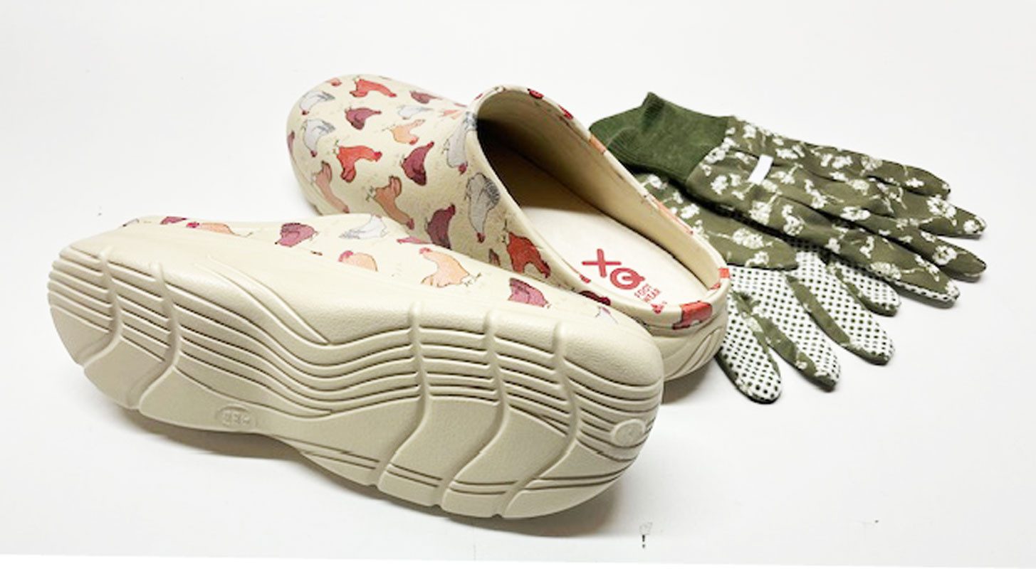 Steinnacher Bärbel Damen Gartenclogs mit Hühnermotiv und passenden Handschuhen Clog