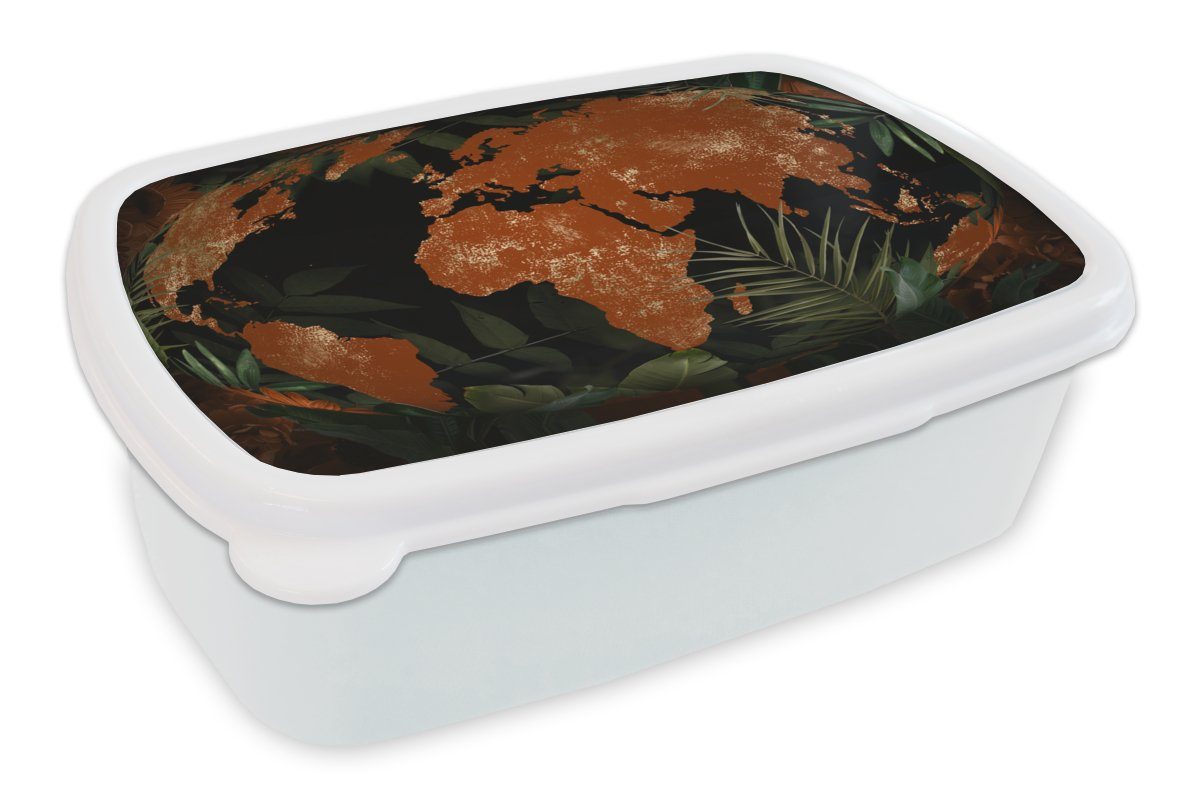 MuchoWow Lunchbox Weltkarte - Pflanzen - Globus, Kunststoff, (2-tlg), Brotbox für Kinder und Erwachsene, Brotdose, für Jungs und Mädchen weiß