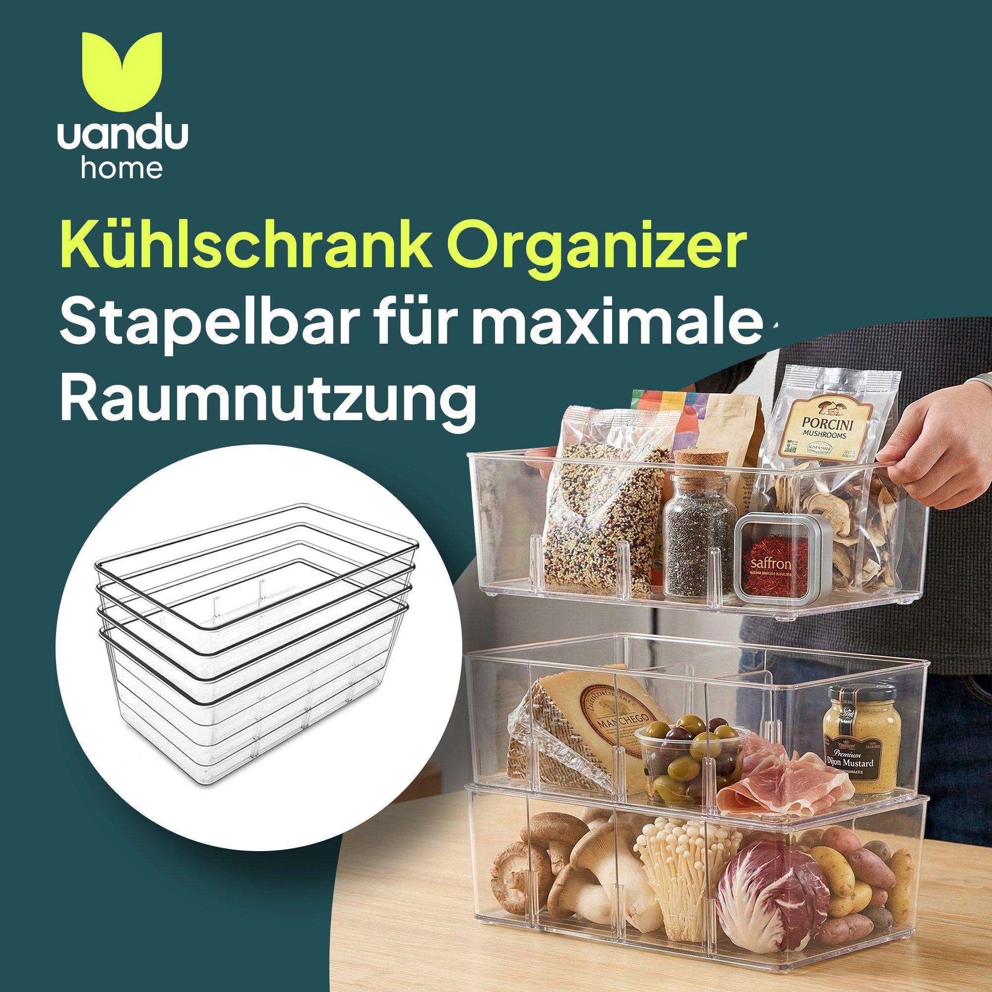uandu home Teedose uandu Kühlschrank Organizer 4er Set – Küchen Organizer mit Trennwänden, (Packung, 4-tlg., Stapelbare Aufbewahrungsboxen Küche Transparent), T – Bild 3 von 5