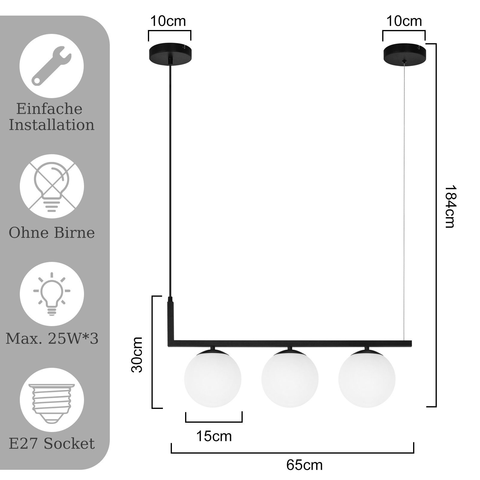 ohne Esstisch ZMH und Modern höhenverstellbar, Wohnräume für Weiß Pendelleuchte aus Treppenhäuser Leuchtmittel, Hängelampe 3 Flammig Kugel, Glas