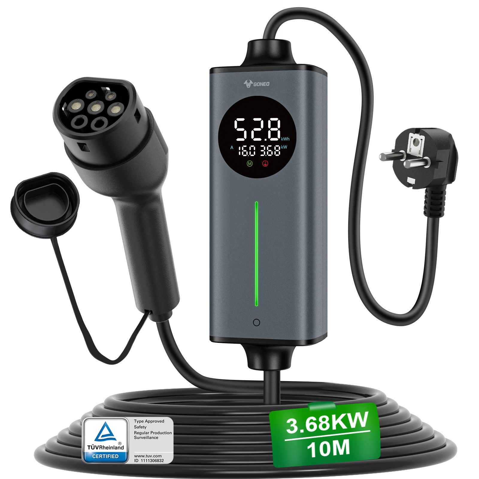 GONEO Elektroauto-Ladestation, Typ 2 Ladekabel Schuko, 3,68kW / 16A, 1-phasig, Tragbares Elektroauto-Ladegerät, Einstellbare Ladeleistung & Timer