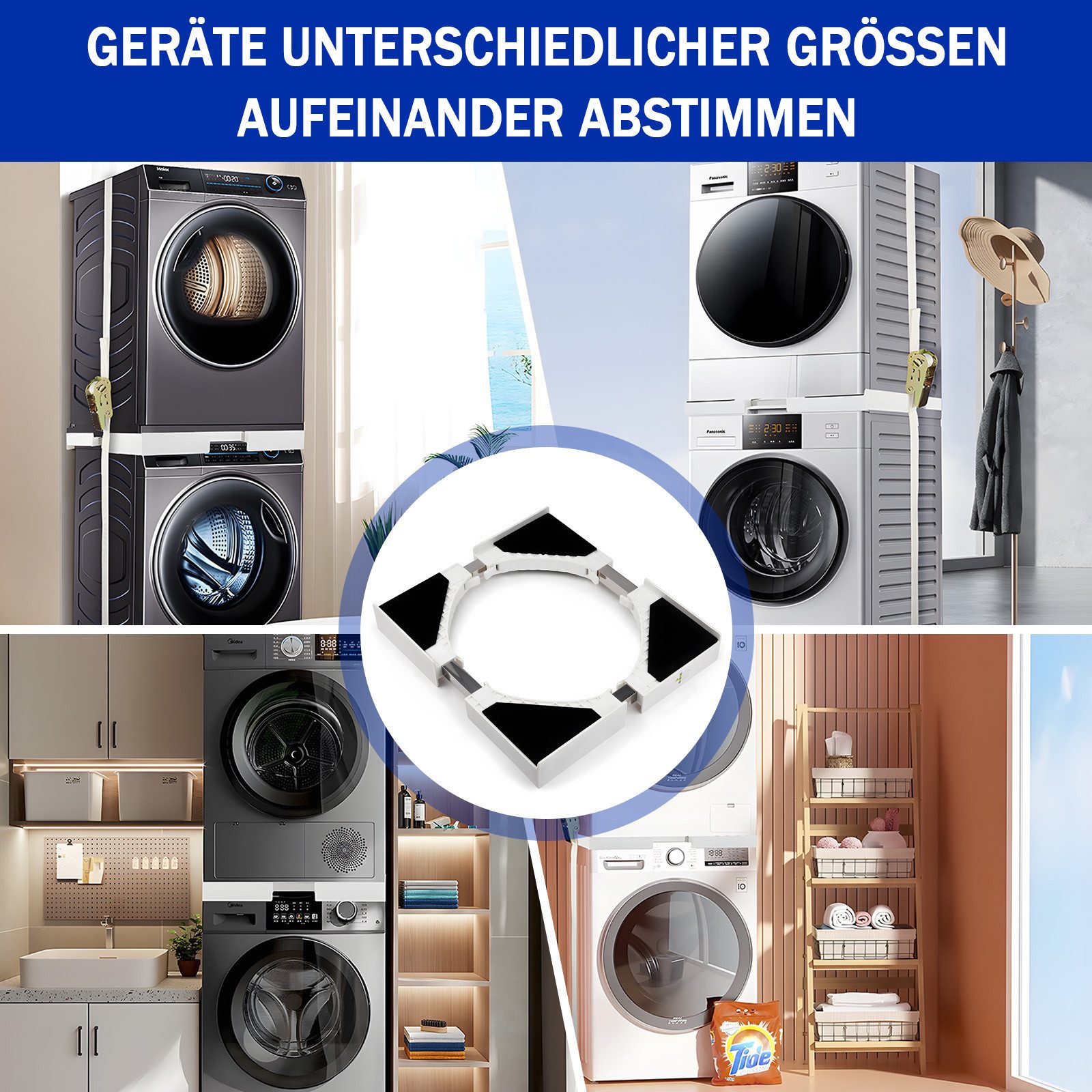 AKKEE Zwischenbaurahmen Universeller für Waschmaschine & Trockner, verstellbar (8 Antirutschmatten, Belastbarkeit 100 kg), 46-66cm, mit Ratschenseil