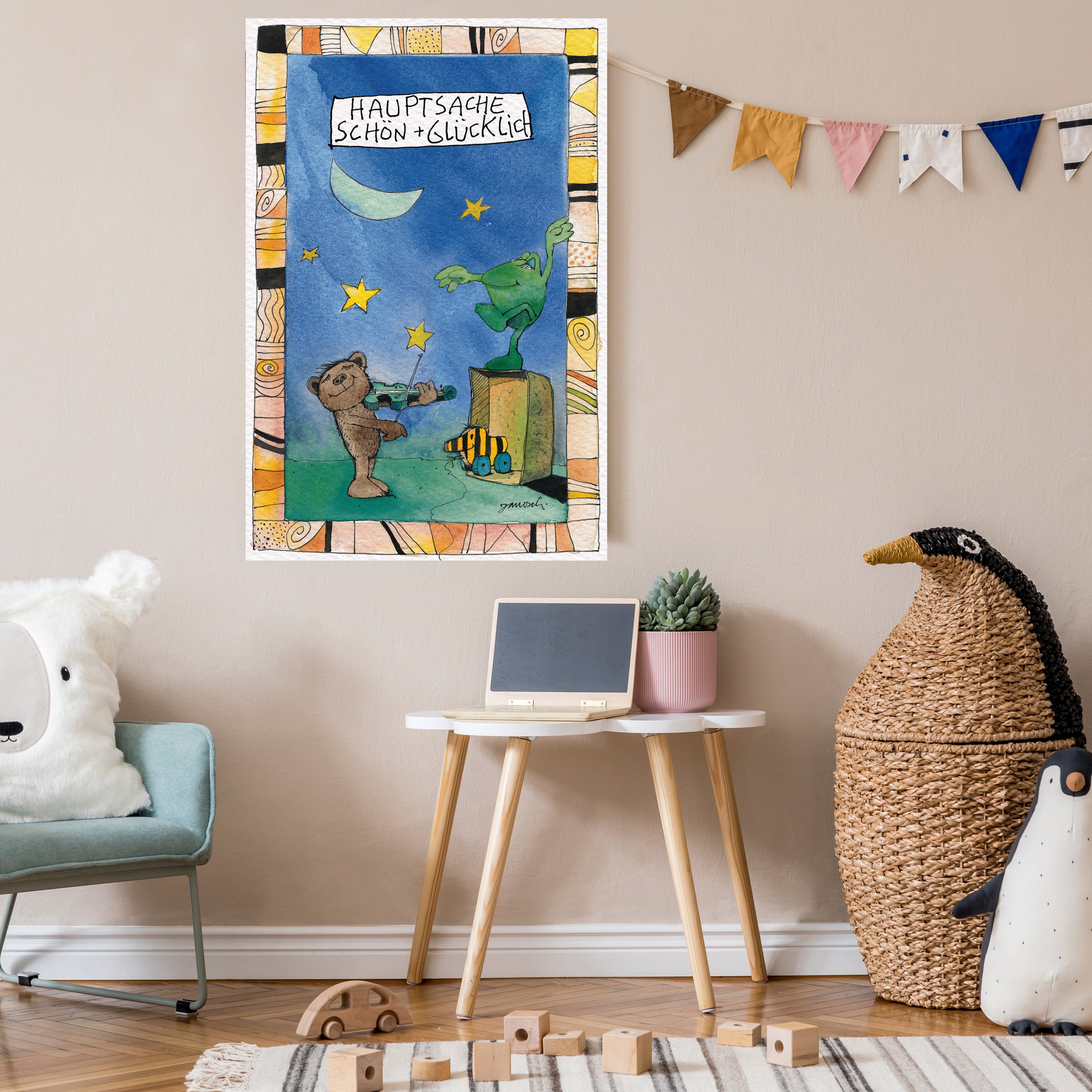 LuckyLinde Leinwandbild Der kleine Bär - Hauptsache schön glücklich, Bär, Bären, Ente, Enten, Figuren, Filmfiguren, Frosch, Liebessprüche, Motivationsbilder, Natur, Schriftzug, Sprüche, Stern, Sterne, Tanz, Teddy, Tiere, Tiger, little star (1 St), Exklusive JANOSCH Kindermotive