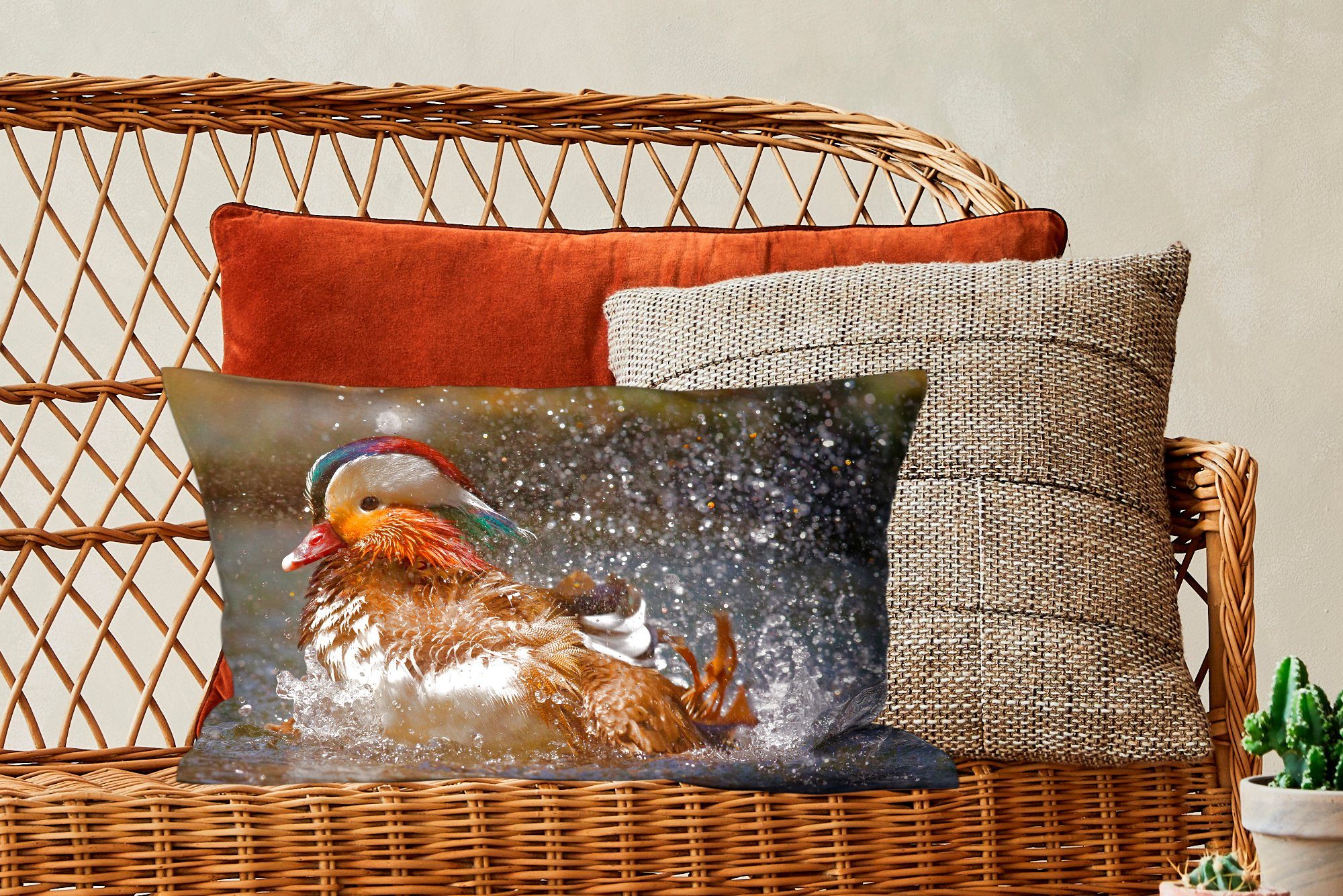 Mandarine Vogel Dekoration, - Dekokissen Ente Dekokissen MuchoWow Wohzimmer Füllung, Wasser, - mit Schlafzimmer Zierkissen,