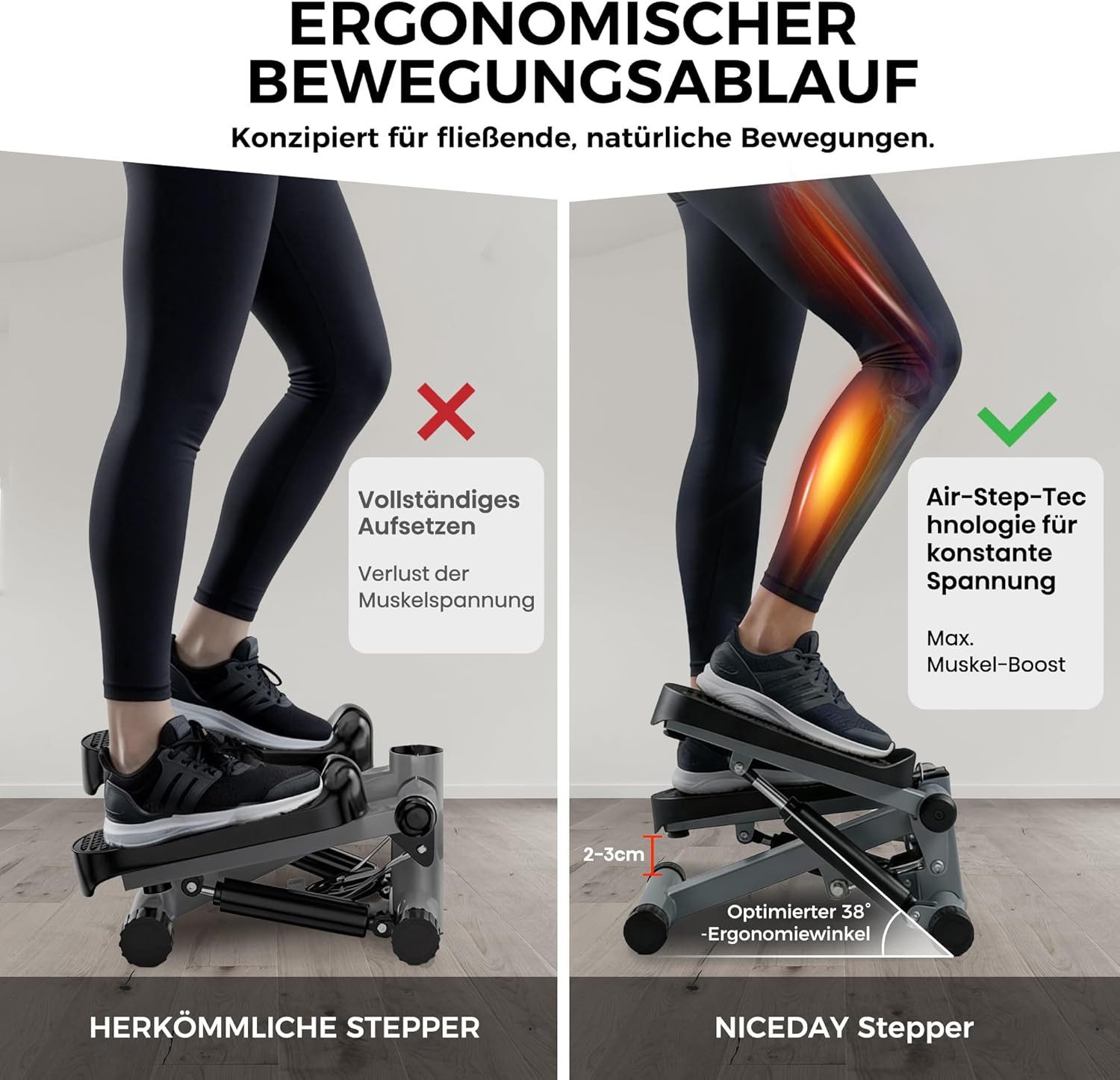 SpionProfi Mini-Stepper Mini Stepper 2in1 Up-Down Leiser Trainer Bein Arm Po Training (1-tlg), Mini Stepper Fitnessgerät Haus Büro Trainer mit Power Ropes