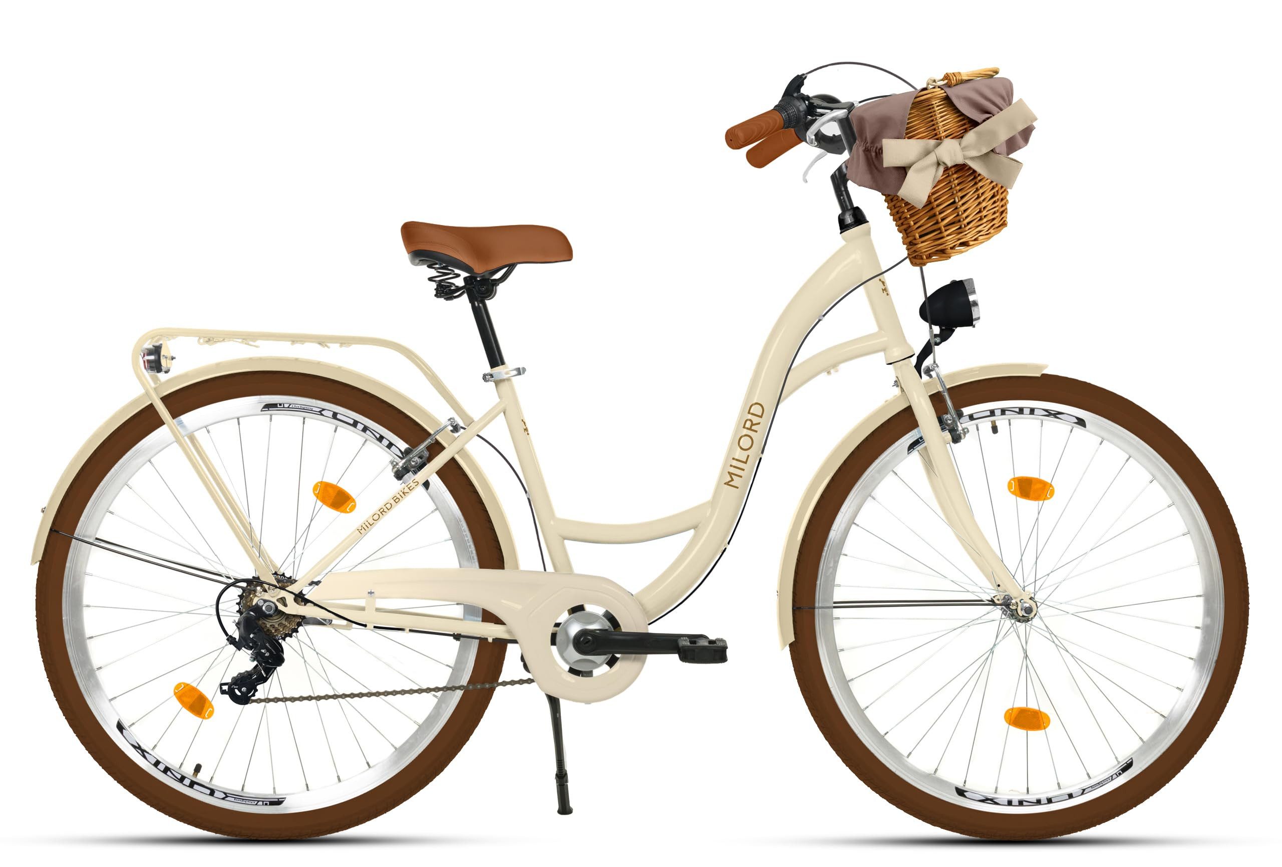 Milord Cityrad Milord Fahrrad Weidenkorb Damenfahrrad, 28 Zoll Beige-Braun 7-Gang, 7 Gang, (Fahrradständer, Gepäckträger, Klingel, Korb, Kotflügel)