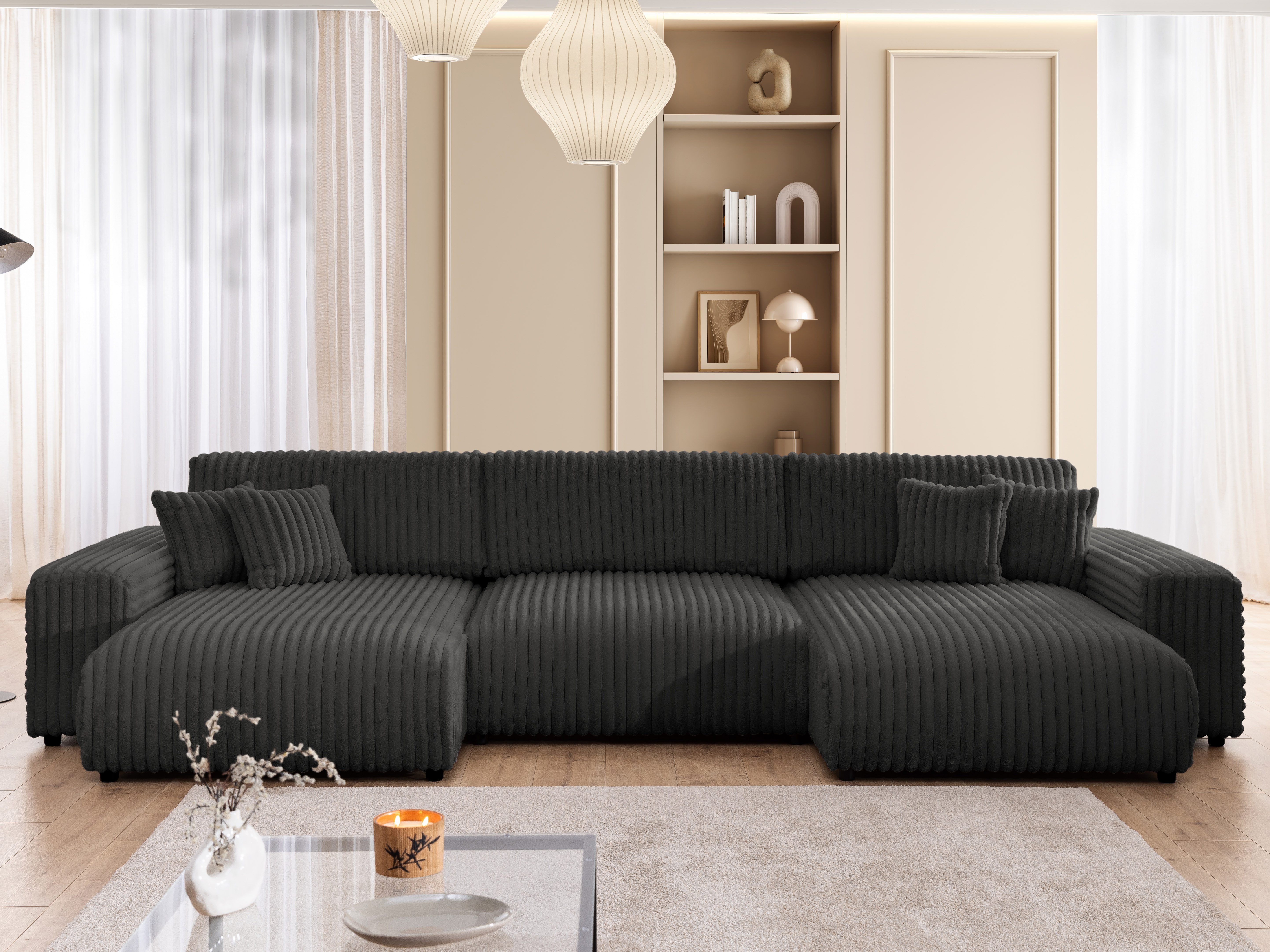 S-Style Möbel Wohnlandschaft Mollis mit Schlaffunktion und Bettkasten aus Plüschcord