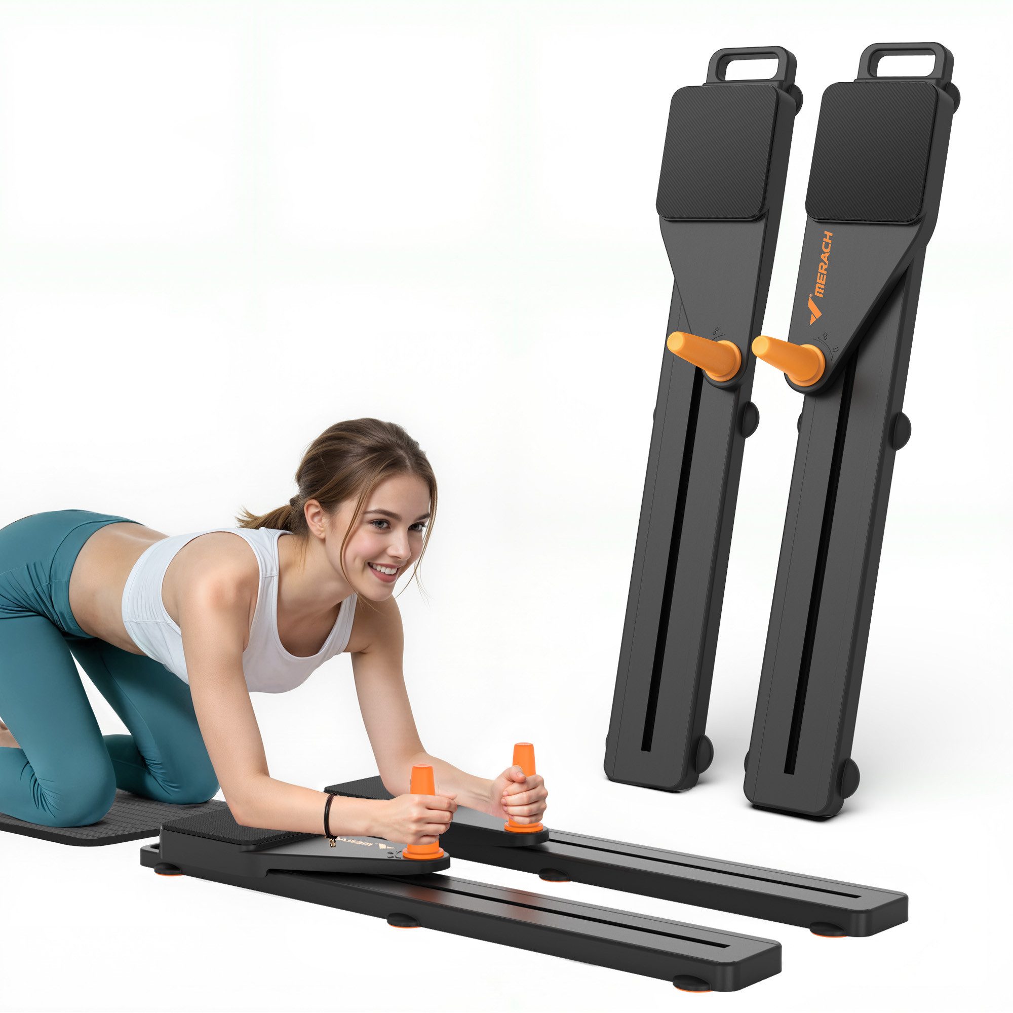 MERACH Multitrainer 4-in-1 Pilates-Board, Push-Up-Bauchmuskel-Roller, (2-tlg, 6,8kg Widerstandsband, Core-Training für Bauch, Arme, Beine, 1-St., zerlegbarem Design, Kniepolster, Heimstudio-tauglich, Anti-Rutsch), Platzsparend, Bauchmuskelübungsgerät für Ganzkörpertraining