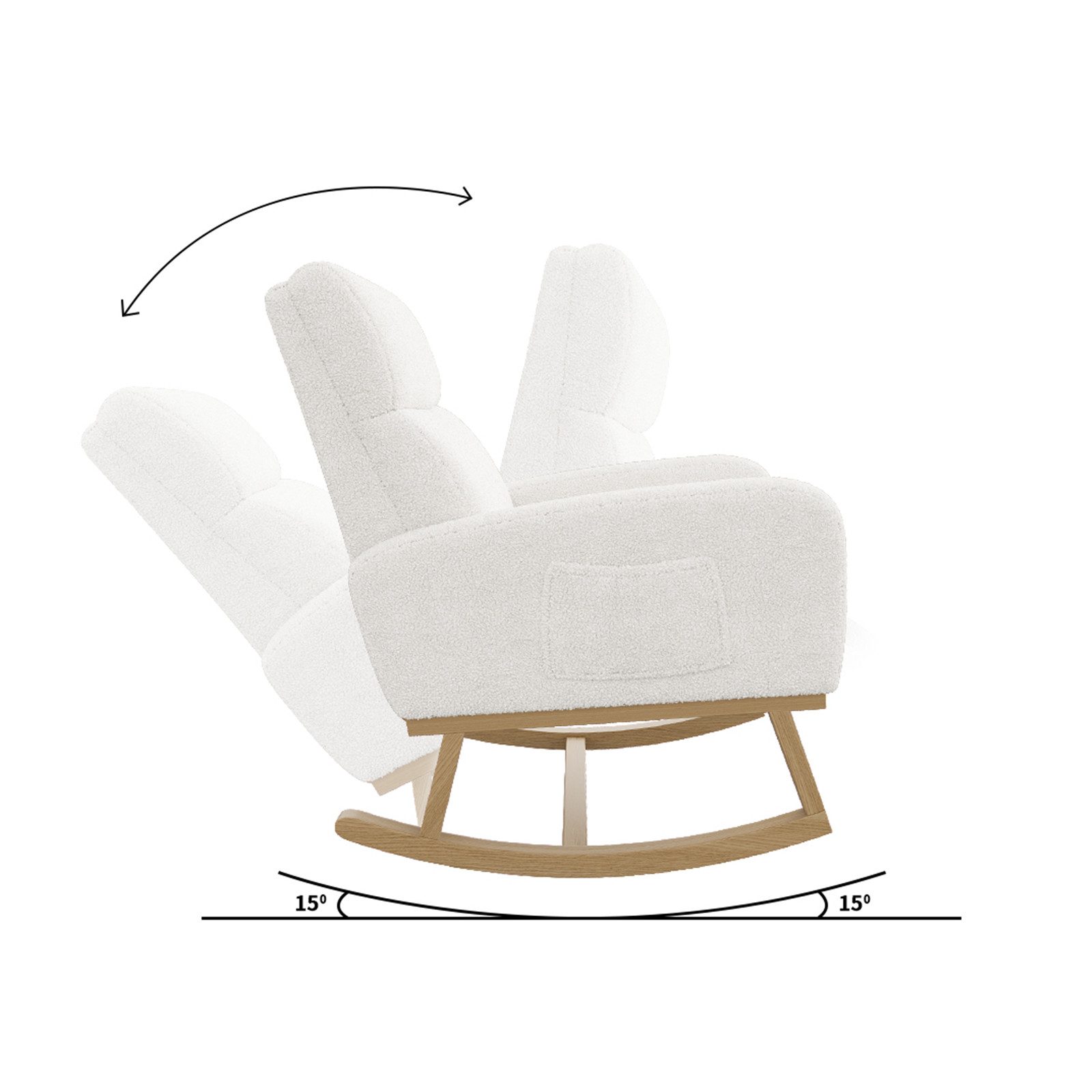 FUROKOY Schaukelsessel Schaukelstuhl mit Massivholzfüßen, für Schlafzimmer (Set, 1-St), 2 Seitentaschen,Teddystoff,Weiß