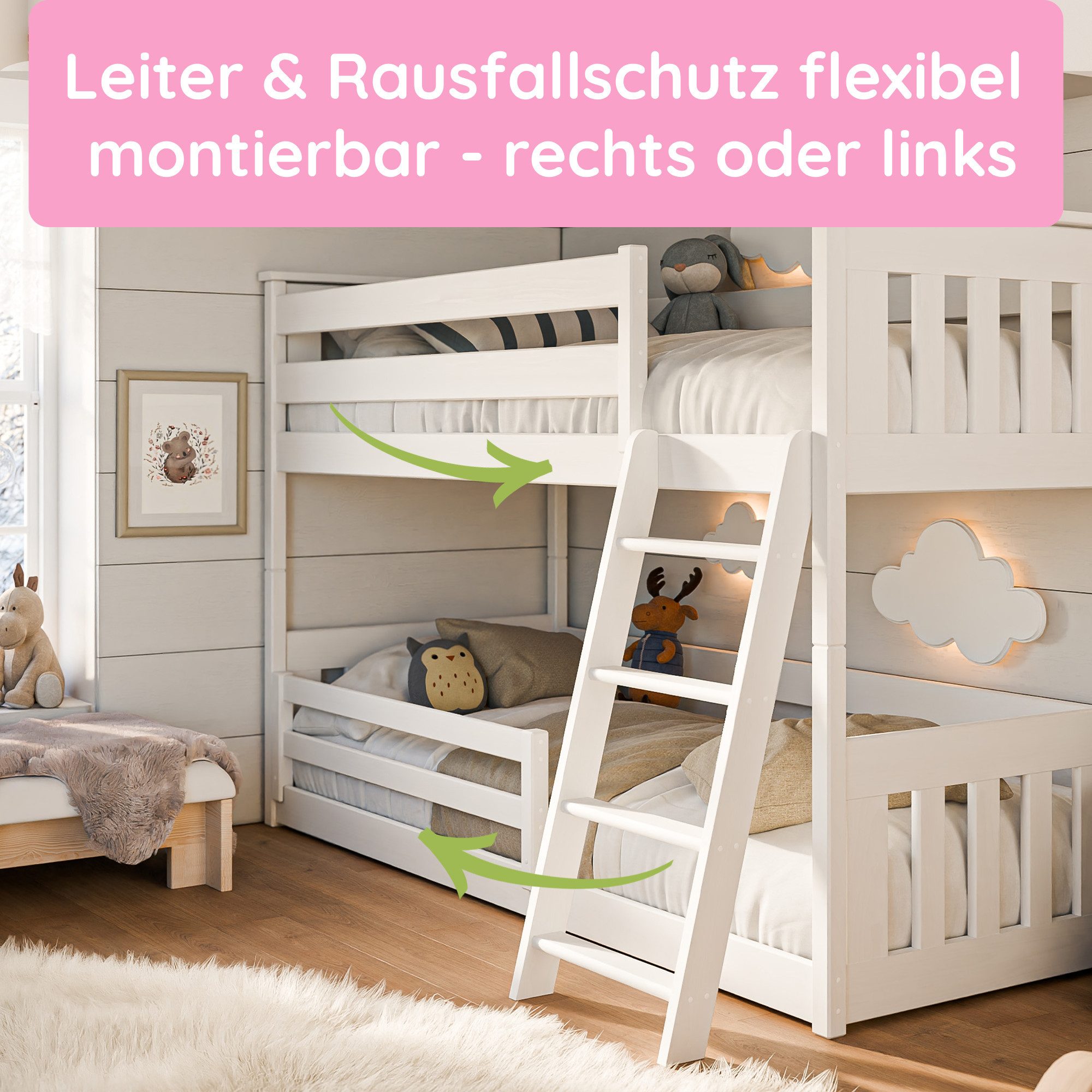 Kids Collective Bunk Bed, Loft Bed, Children's Bed 90x200 cm with Safety Rail & Slatted Base, Bed for Girls & Boys 90x200 cm, Solid Pine Wood, White