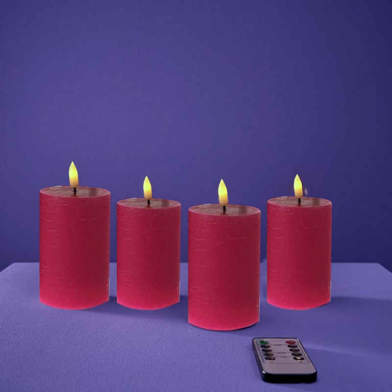 Werner Voß LED-Kerze 4 LED Stumpenkerzen in Pink - HxØ 6,5 x 10 cm - Echtwachs Kerzen (4-tlg), 3D Flamme, LED Echtwachskerze, Timerfunktion, Flackernd, Dimmbar