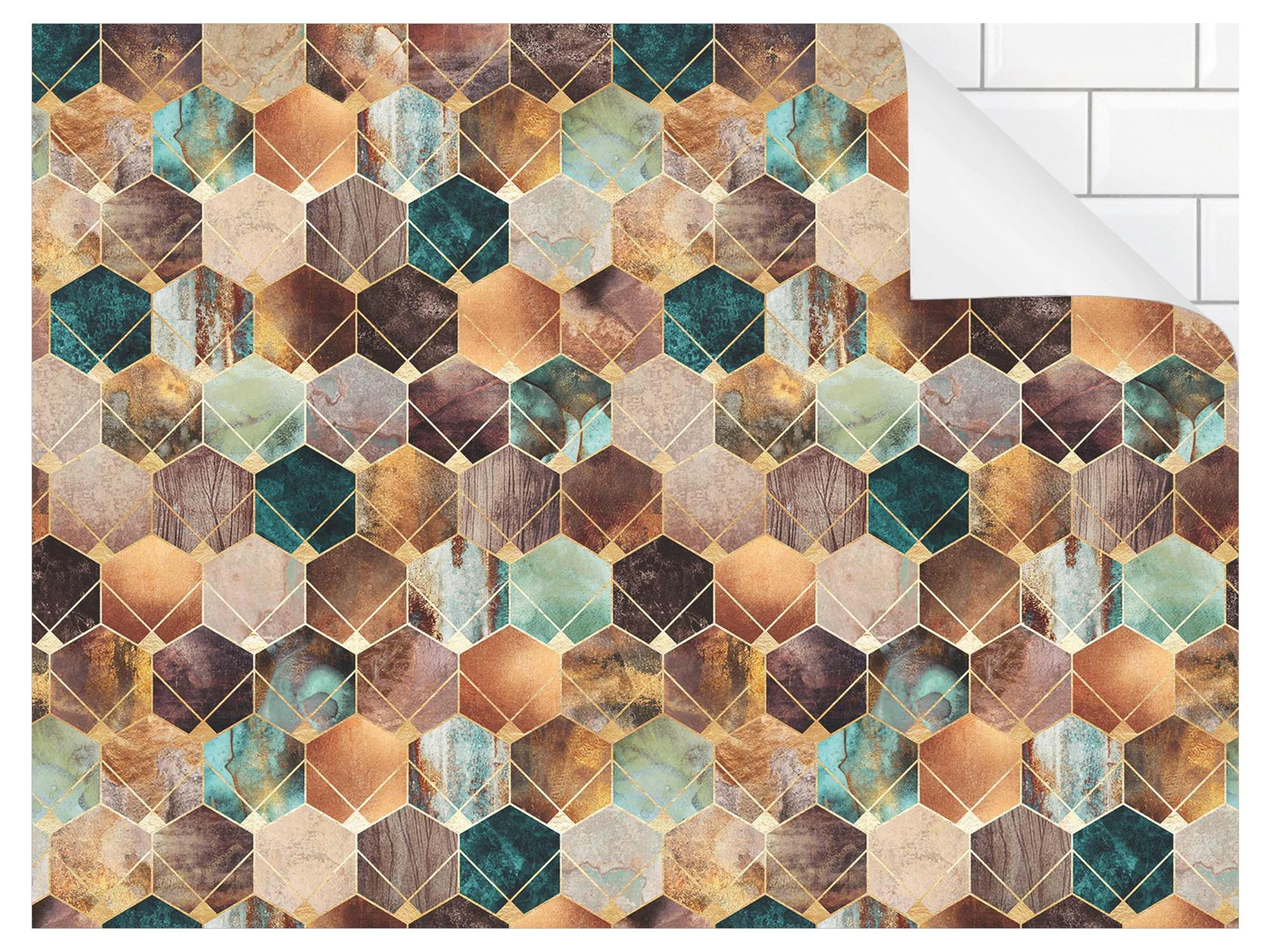 Bilderdepot24 Küchenrückwand gold dekor Abstrakt Aquarell Kunst Muster Türkise Geometrie Art Deco, (1-tlg., Nischenrückwand - für Fliesenspiegel ohne Bohren - matt), Spritzschutz Rückwand Küche Herd - Folie selbstklebend versch. Größen