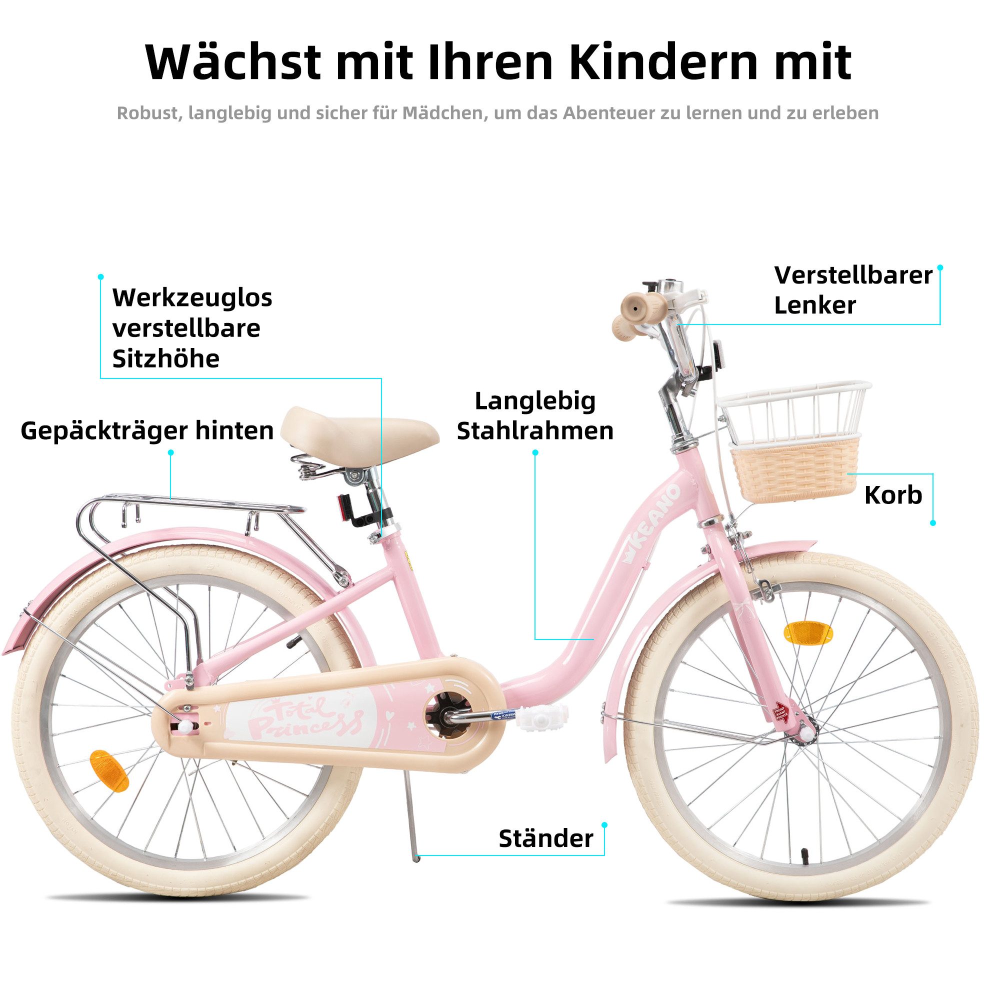 JOYSTAR Kinderfahrrad 16/20 Zoll Fahrräder für Mädchen Geeignet 4-10 Jahren, mit Korb, Kotflügel, Kettenschutz, Gepäckträger und Stützrädern