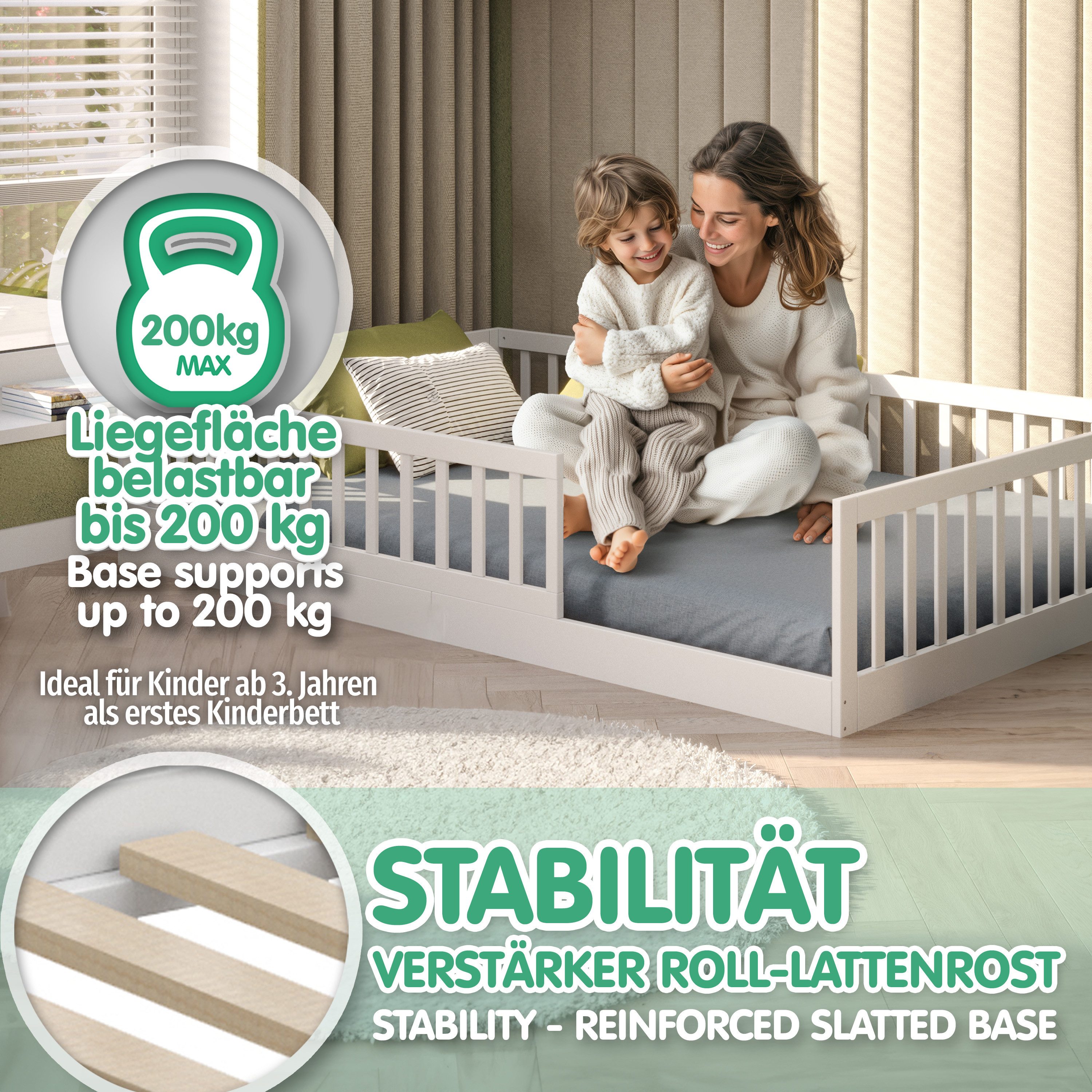 CADANI Kinderbett Timi Bodenbett bis 200 kg belastbar mit abnehmbarem Rausfallschutz (120x200 cm, Montessori Kinder- & Jugendbett aus Kiefer Massivholz), inkl.  – Bild 4 von 5