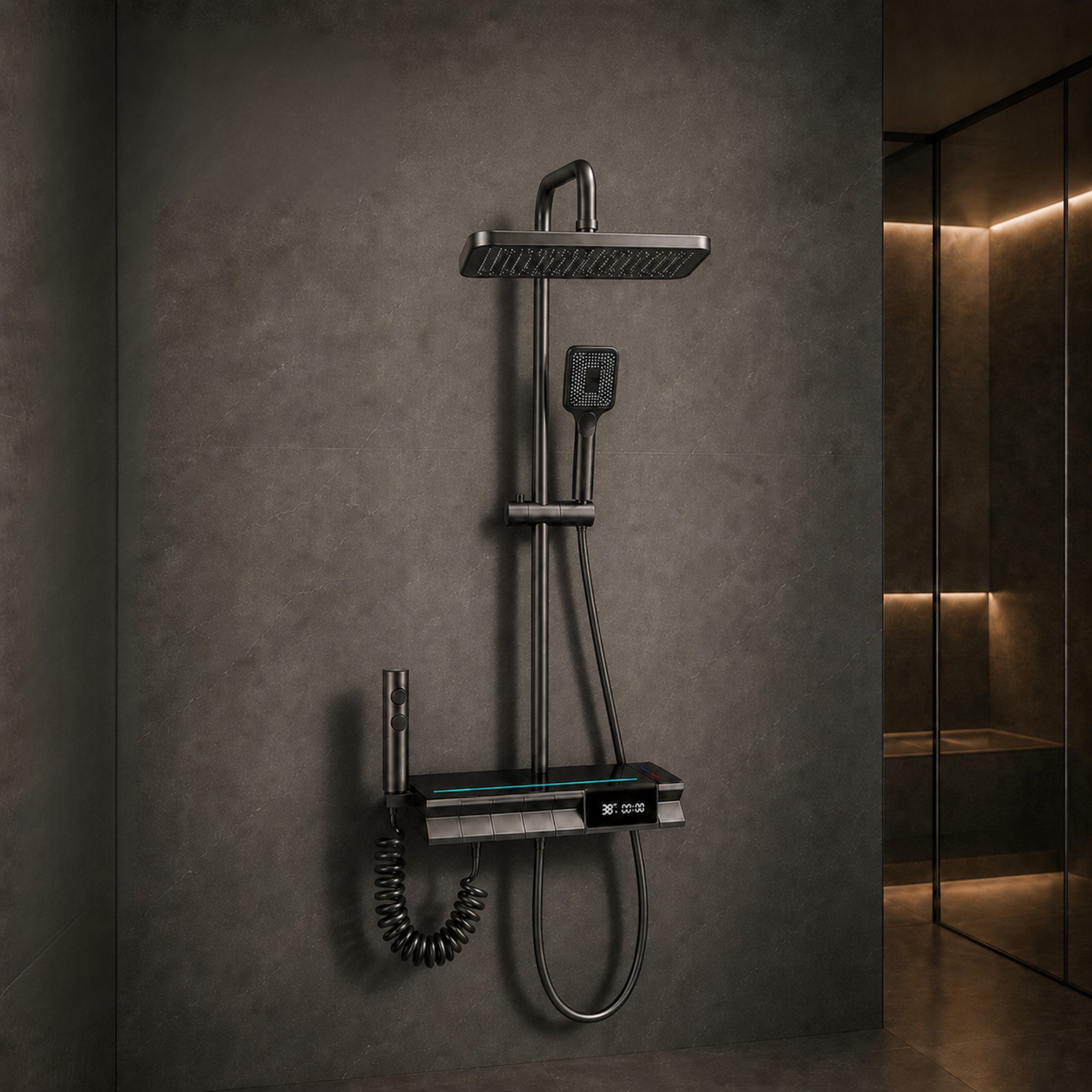 LuxaSteel Duscharmatur Duschsystem Regendusche mit LED-Beleuchtung & Display (Komplett-Set, Direkt einsatzbereit) LED-Beleuchtung, LED-Display, inkl. Montagematerial
