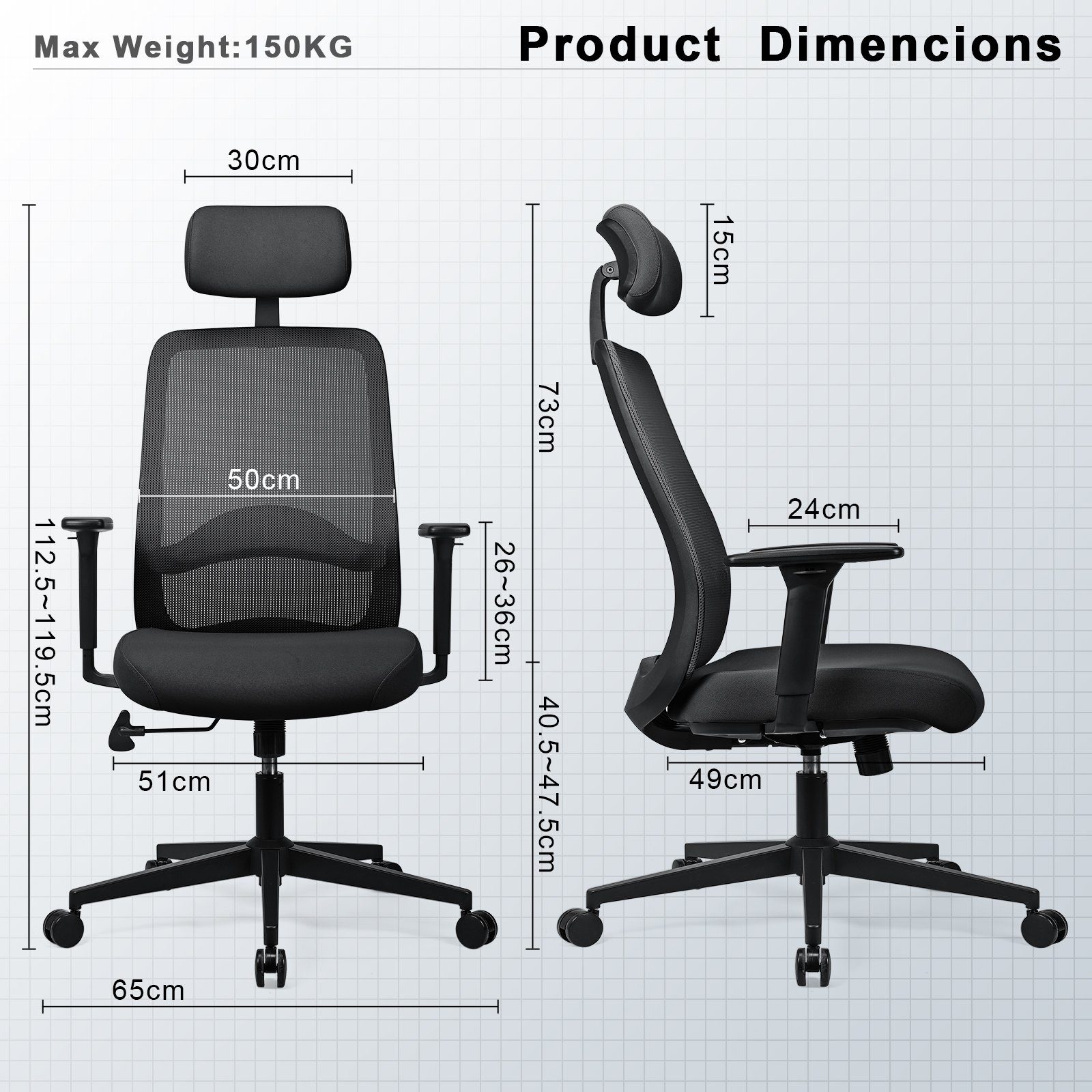 Schwarz Rückenlehne, und Armlehnen mit hoher Schreibtischstuhl, Rückenlehne, Kopfstütze, 150kg Verstellbare ergonomischer MELOKEA belastbar Bürostuhl Drehstuhl