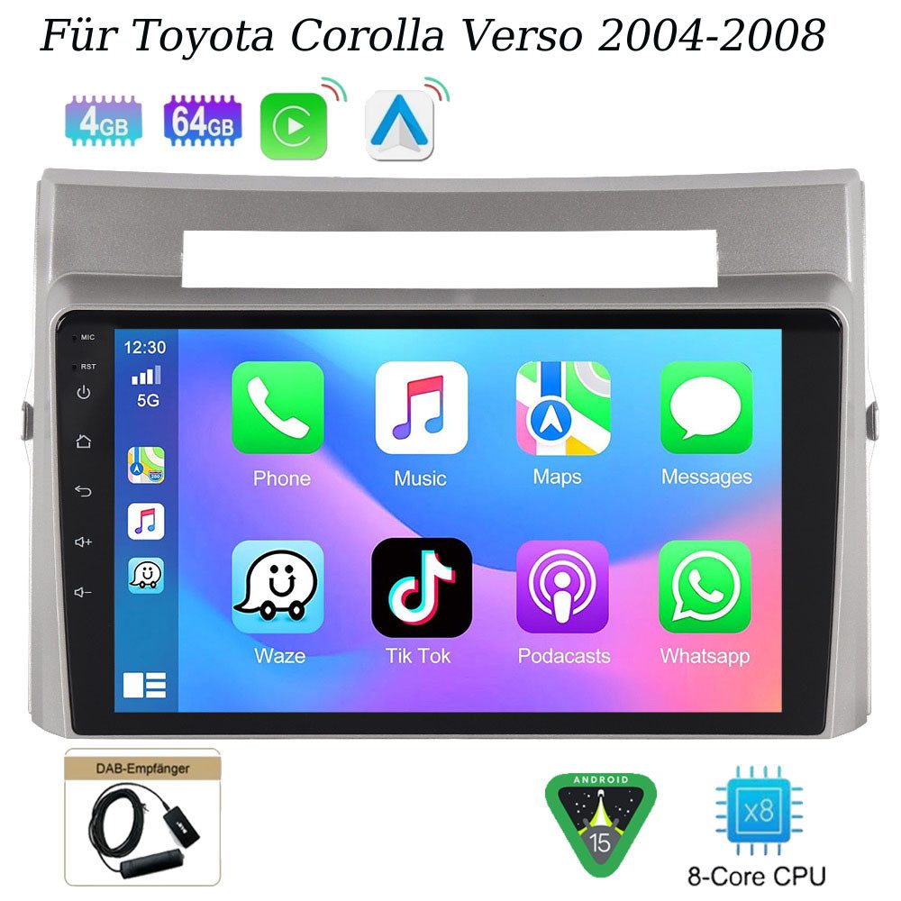 A-Sure 4+64G Android 15 Carplay GPS Navi Für Toyota Corolla Verso 2003-2009 Autoradio (Digitalradio (DAB), FM, AM, 1280*800 IPS Screen/8-Core CPU)