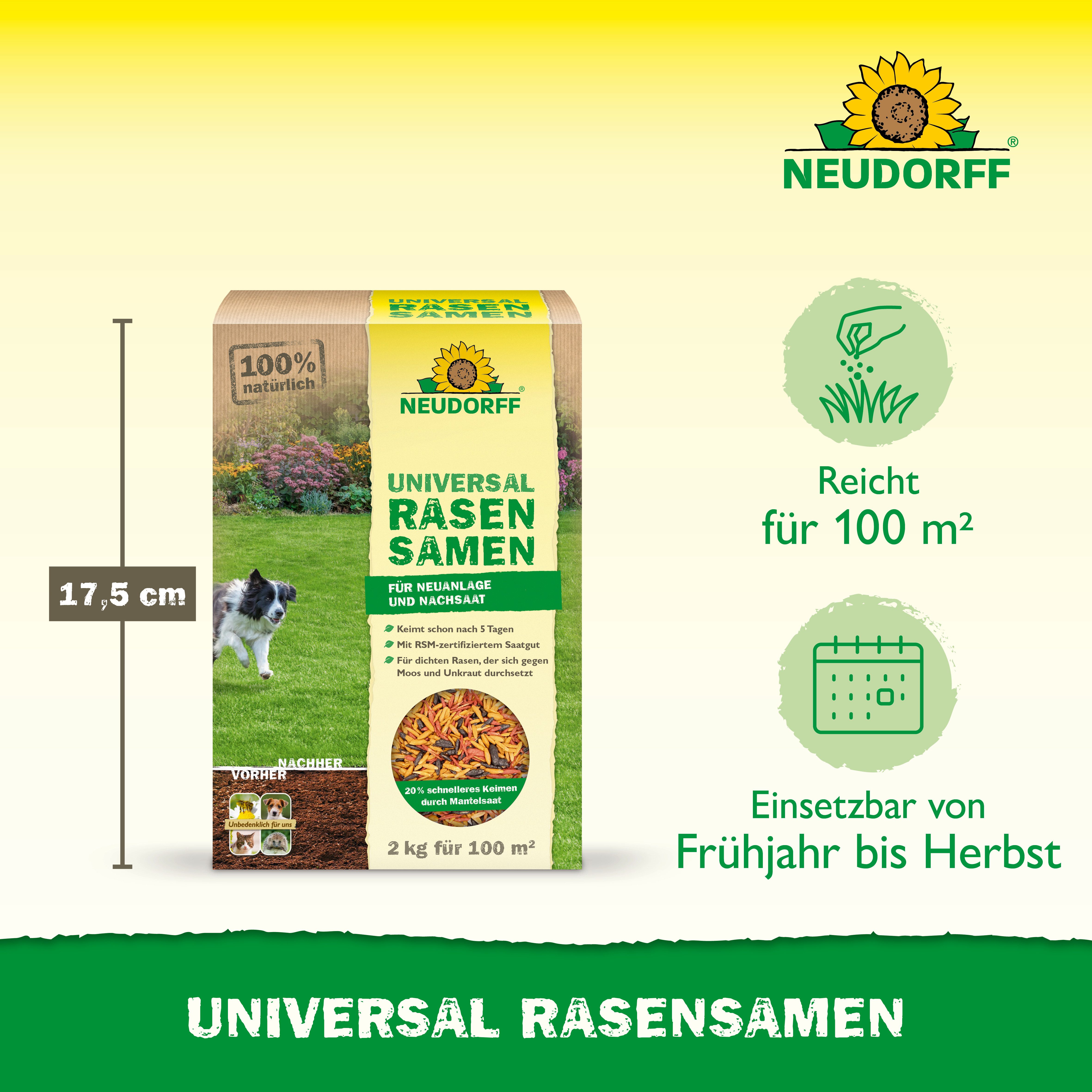 Neudorff Rasensamen Universal RasenSamen für Garten 2 kg für 100m² - schnellkeimend, Rasen Samen aus 9 Saatgut-Sorten