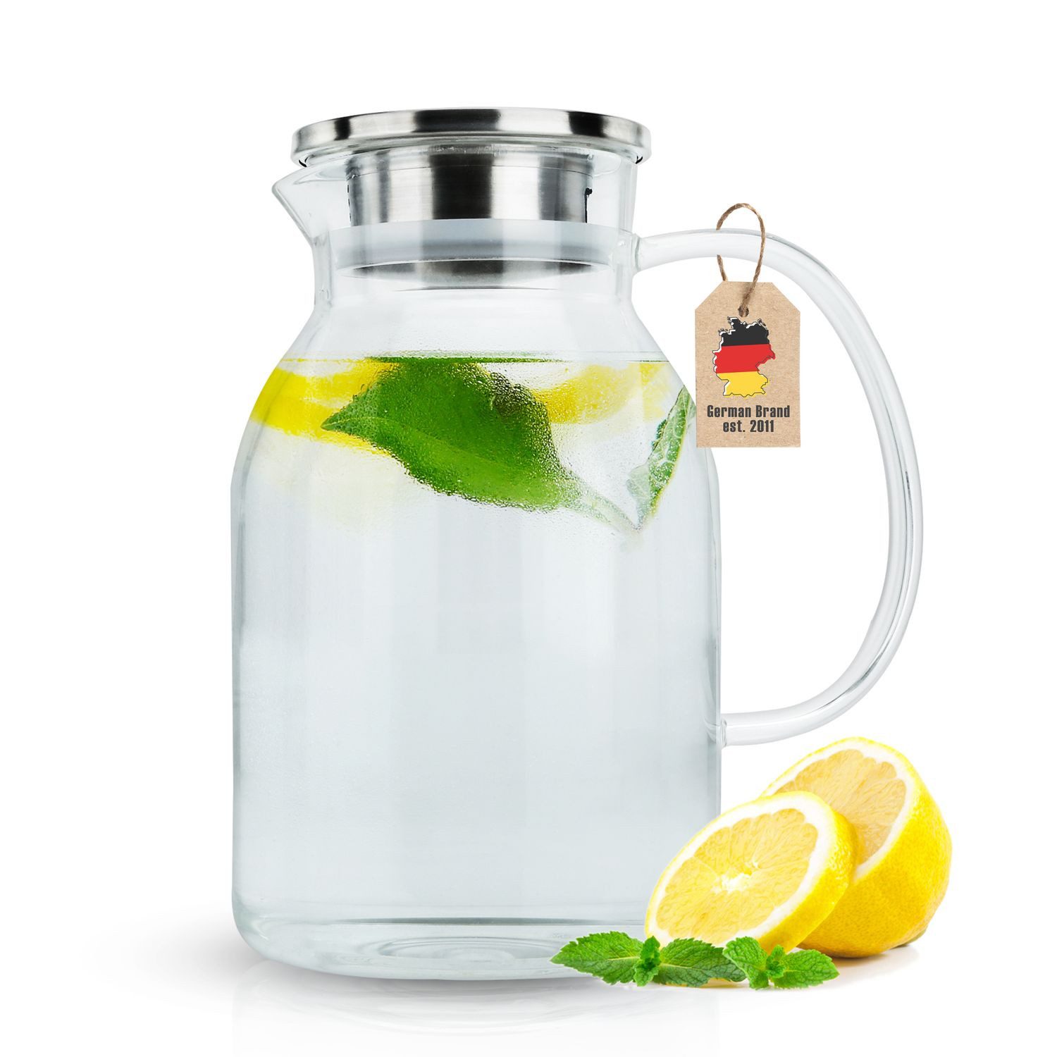 Intirilife Karaffe, Karaffe 1,8l Tee Kaffee Kanne Krug Glas Henkel mit Filter-Deckel