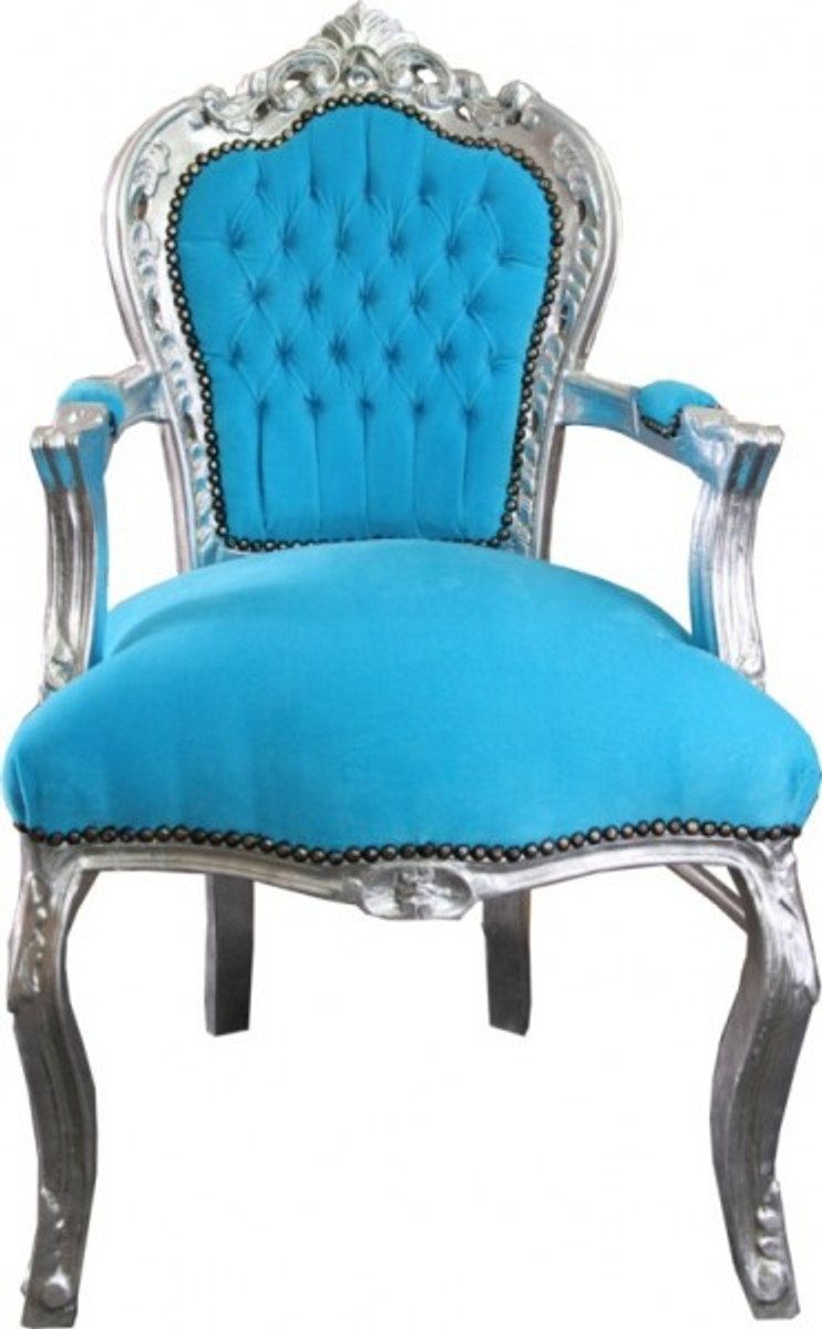 Padrino Türkis Casa Armlehnen Stuhl mit Barock / Esszimmer Esszimmerstuhl Silber