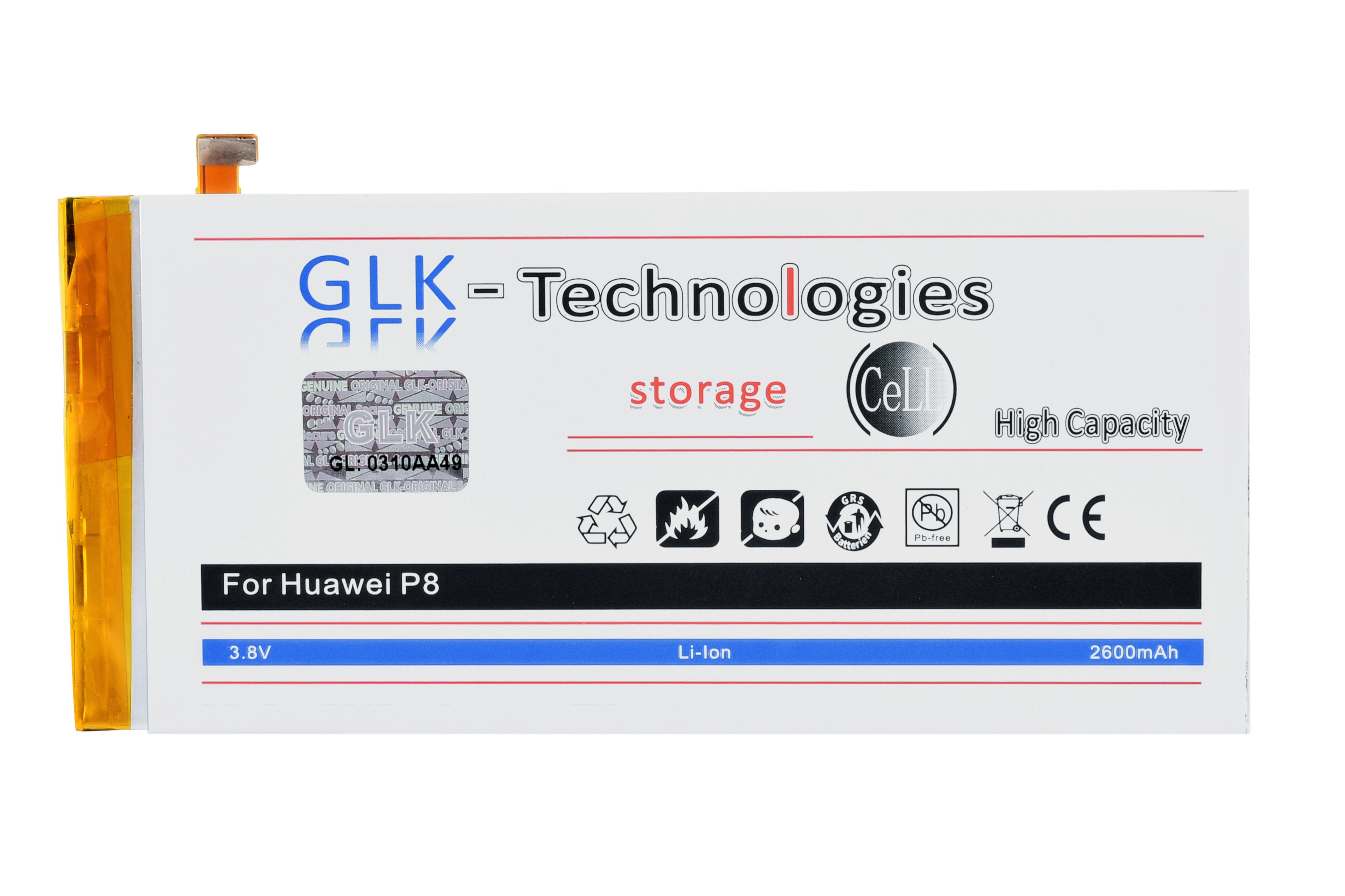 Akku, Kit mAh Power Huawei Ersatzakku Original GLK-Technologies Set mAh V) 2600 accu, (3.8 mit P8 inkl. Werkzeug kompatibel 2600 HB3447A9EBW, High Smartphone-Akku Battery, GLK-Technologies