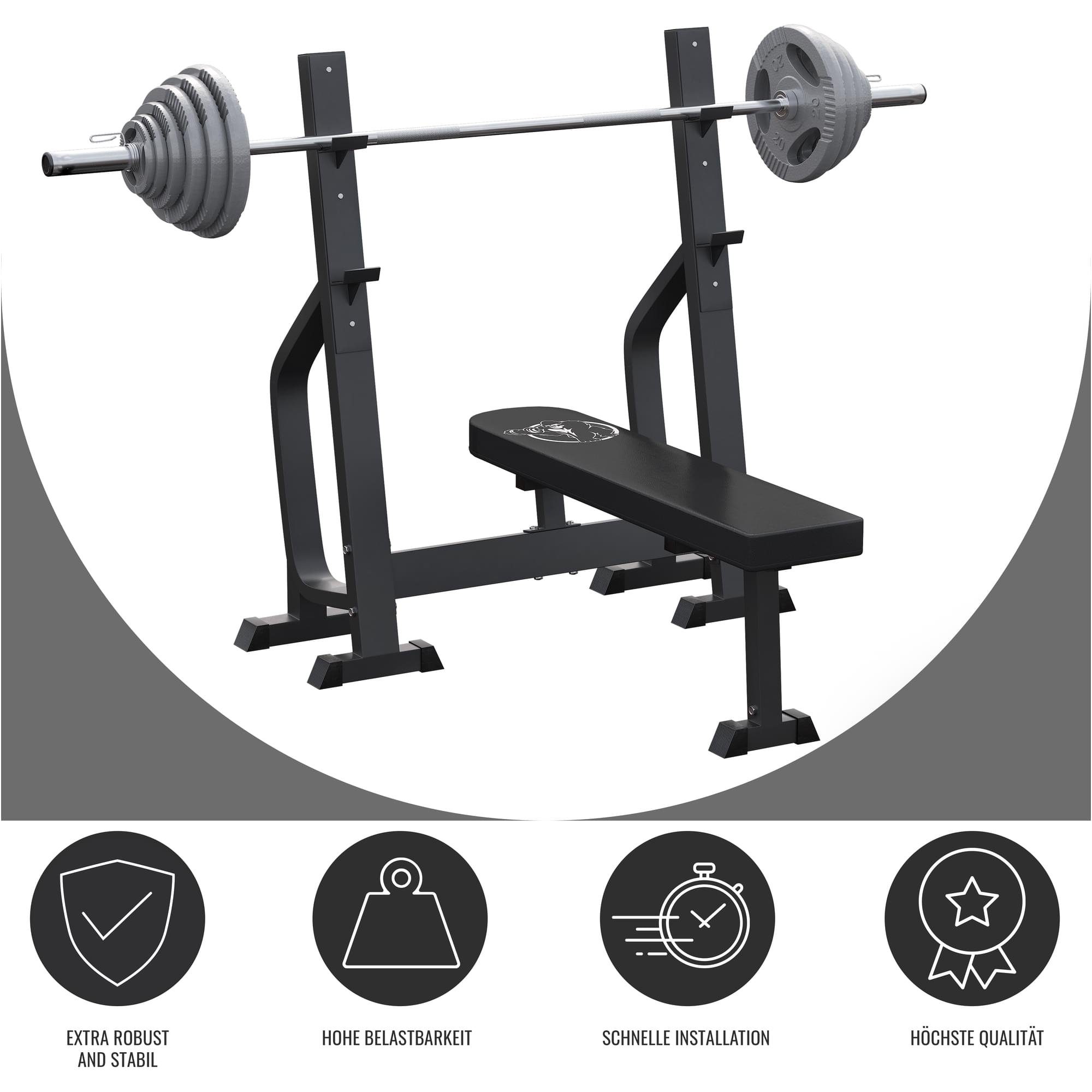 GORILLA SPORTS Hantel-Set Hantelbank mit 2 Ablagen inkl. Langhantel Set Olympia 130 kg