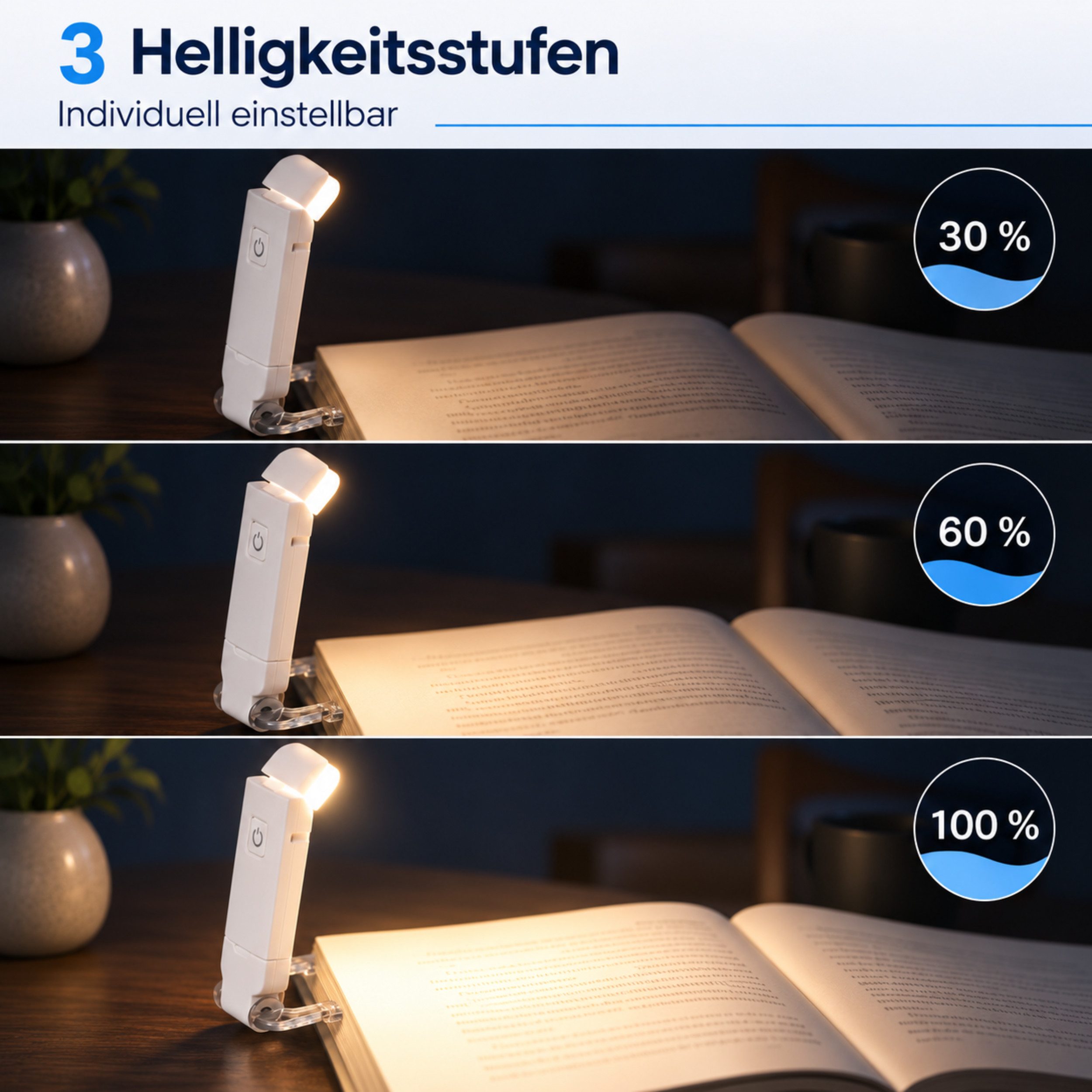 PlugUp LED Leselampe Leselampe zum Klemmen, 3 Helligkeitsstufen, USB-aufladbar, Drehbare Klemmleuchte, LED fest integriert, Warmweiß, LED-Leselampe zum Klemmen  – Bild 4 von 5