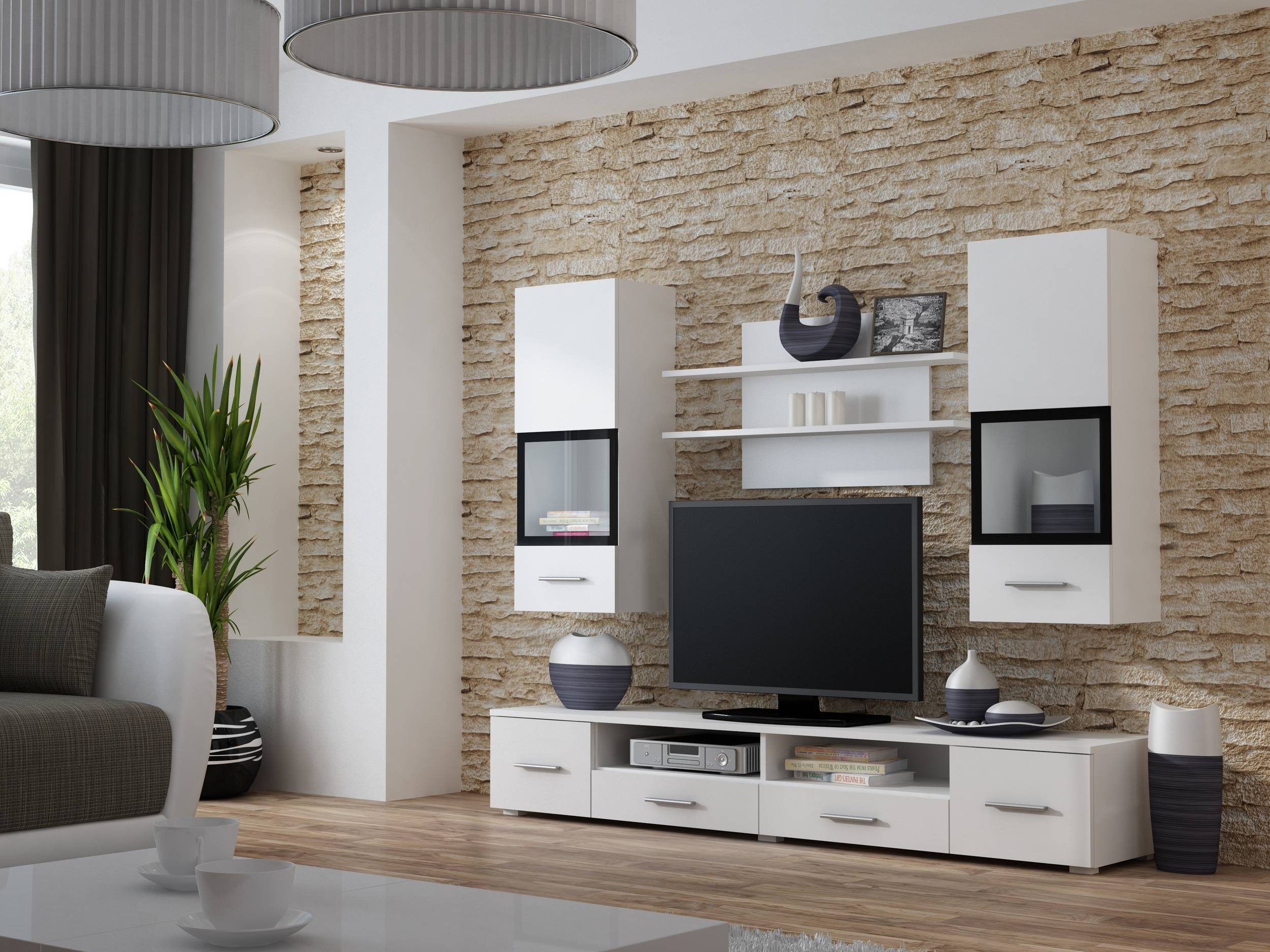 Stylefy Wohnwand Snew Weiß Schwarz, (Set (4-St), Wohnmöbel, Wohnzimmer-Set), bestehend aus 1xLowboard, 1xWandpaneel und 2xHängevitrine, Glaselemente, Modern Design