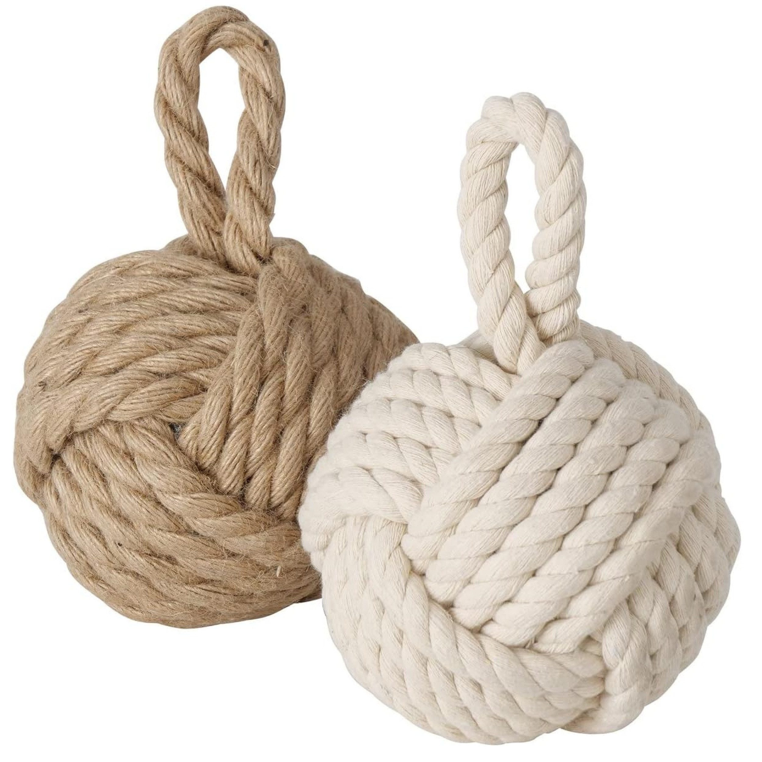 BOLTZE Bodentürstopper Türstopper Set Jute Knoten 1,5 kg mit Schlaufe, 2er Set, Natur Strick Kugel, Stoff, Boden geeignet