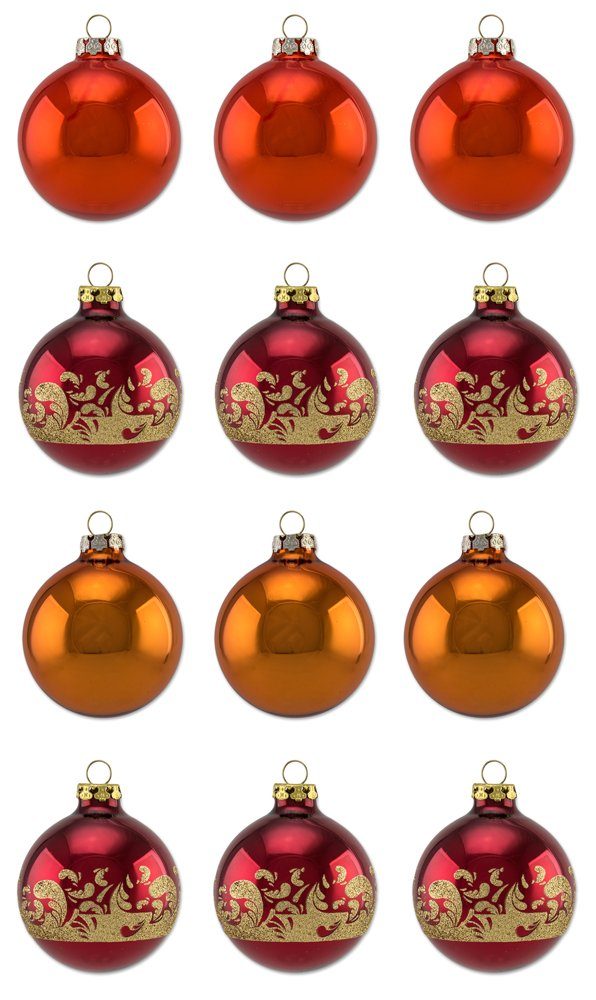 Thüringer Glasdesign Weihnachtsbaumkugel Sienna mit Glitzer Dekor - Christbaumkugeln aus Glas Gold Rot (12 St)