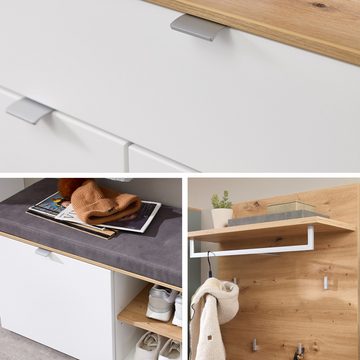 Lomadox Garderoben-Set BLISS-36, (Spar-Set, 5-St., Garderobenschrank Garderobenbank Garderobenpaneel Kommode Spiegel), weiß matt Eiche Flurgarderobe Garderobe modern