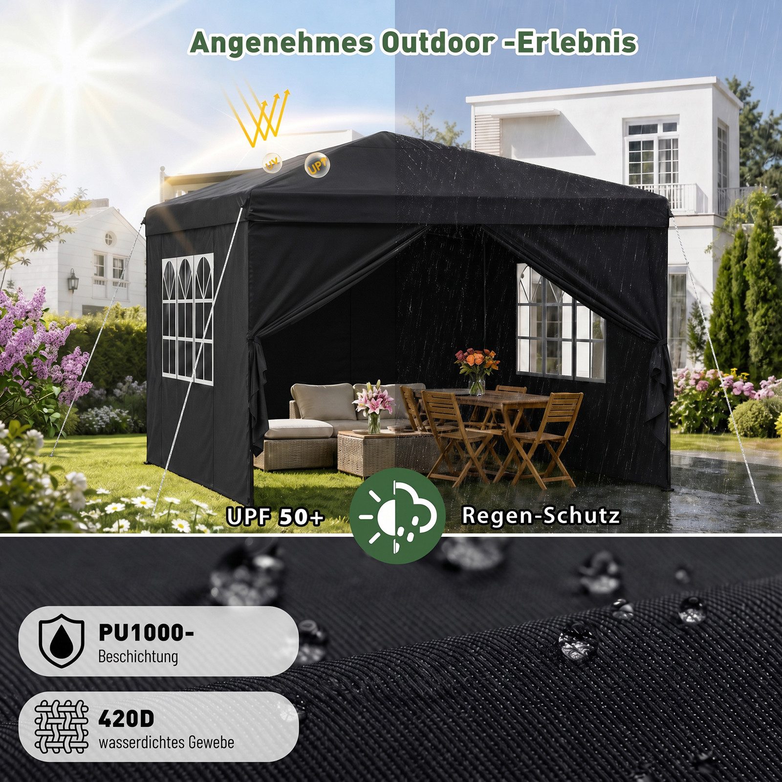 Sekey Faltpavillon 2x2/3x3/3x6 m, Gartenpavillon mit 4 Seitenteilen Partyzelt Wasserdicht, mit 4 Seitenteilen, Gartenpavillon 3 x 3 winterfest, Pavillon Pop Up  – Bild 5 von 5