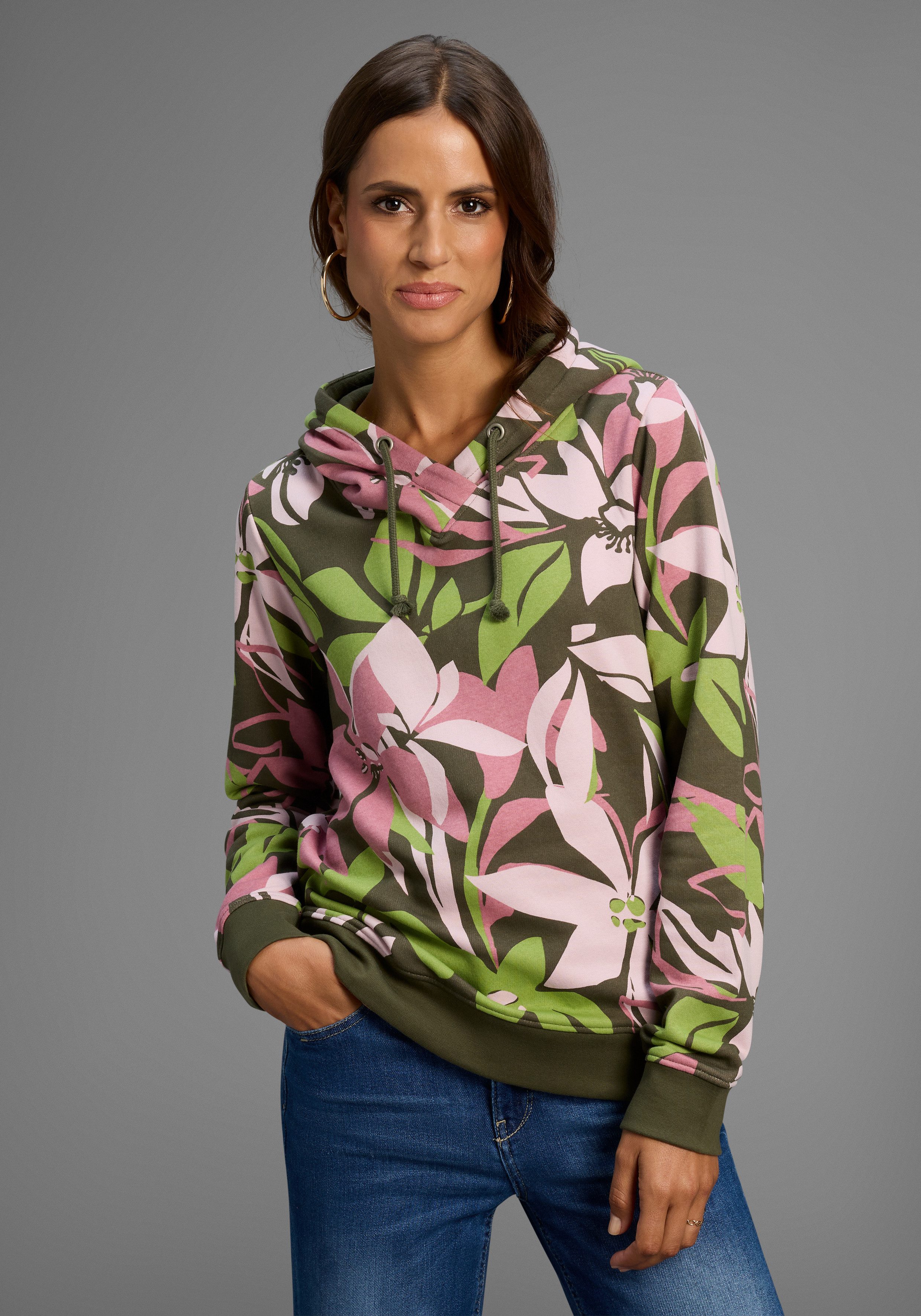Laura Scott Sweater Pflegeleichte Baumwollmischung mit Kapuze und Blumendru günstig online kaufen