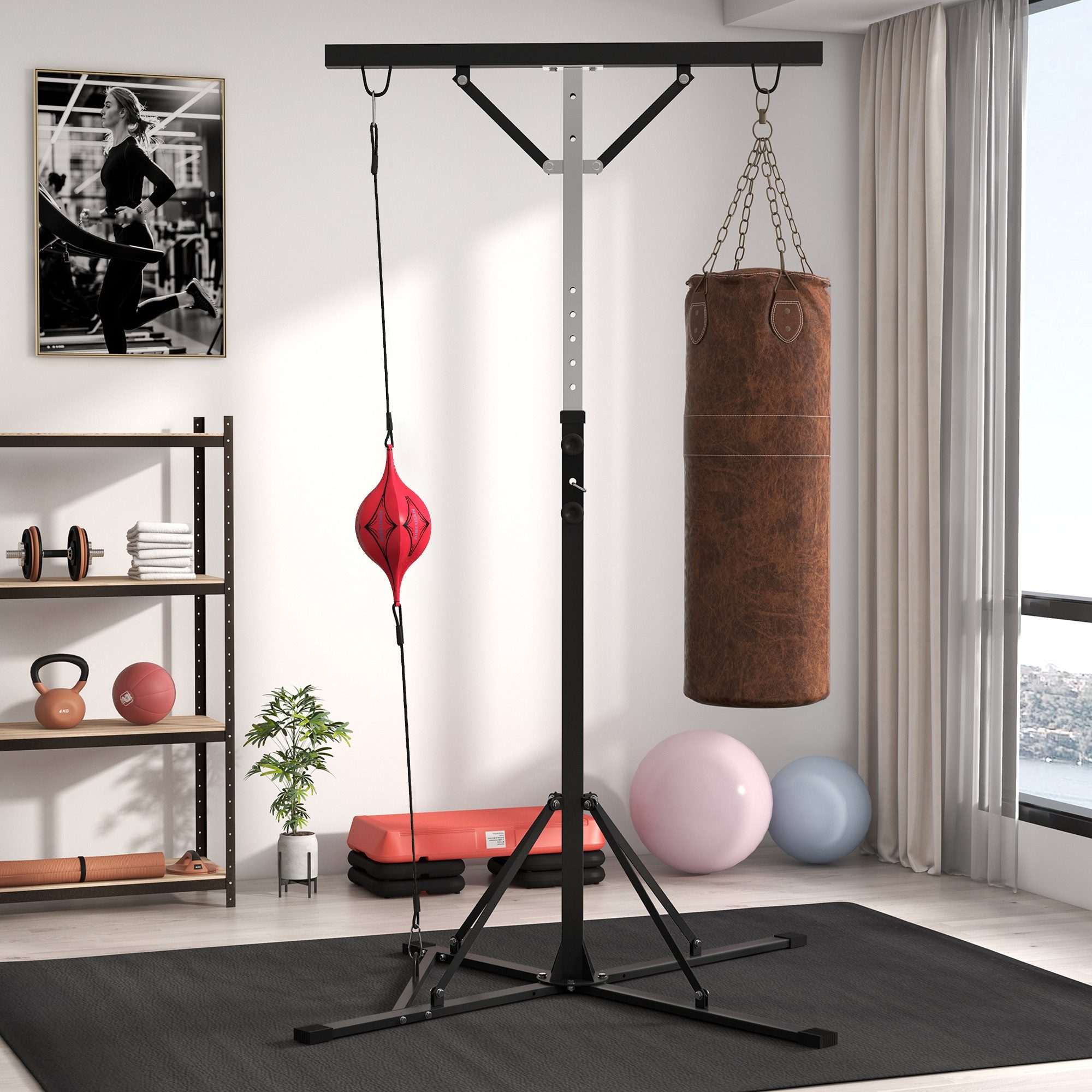 SPORTNOW Boxsackhalterung Boxsackständer mit Speedball,höhenverstellbar bis 60 kg belastbar, (bis 86 Zoll, Boxsackhalter, 1-tlg., Freistehender, Höhenverstellbarer Boxsackständer, Schwarz)