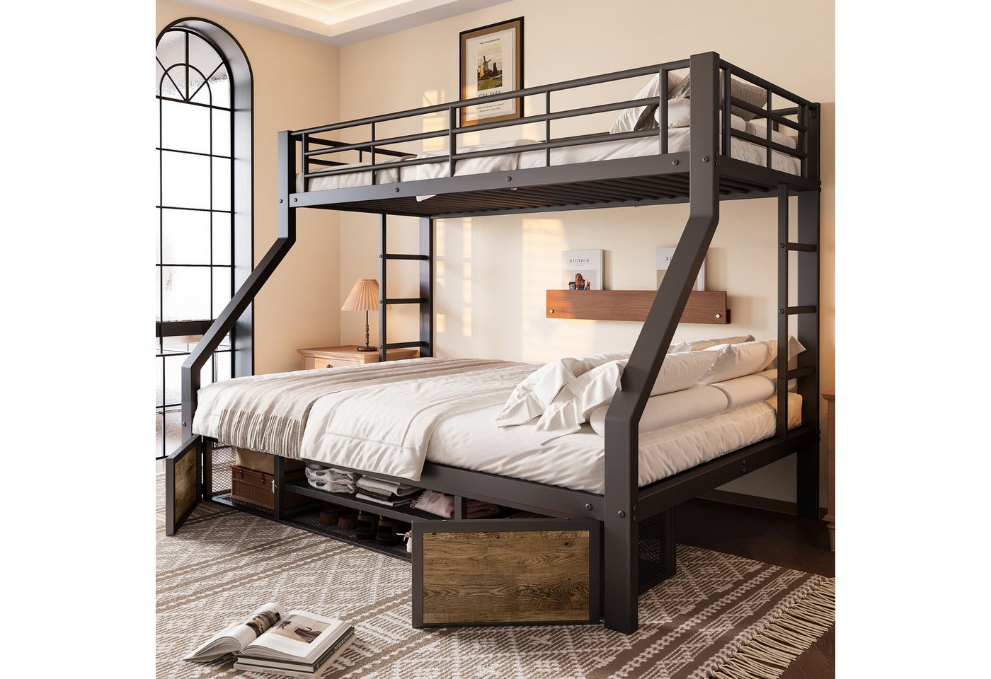 Merax Etagenbett 90x200cm & 140x200cm mit Eisenrahmen (Jugendbett Doppelbett Stockbett, 1-St), Metallbett Kinderbett mit Schuhschrank, Staufächern, Geländer & Leiter