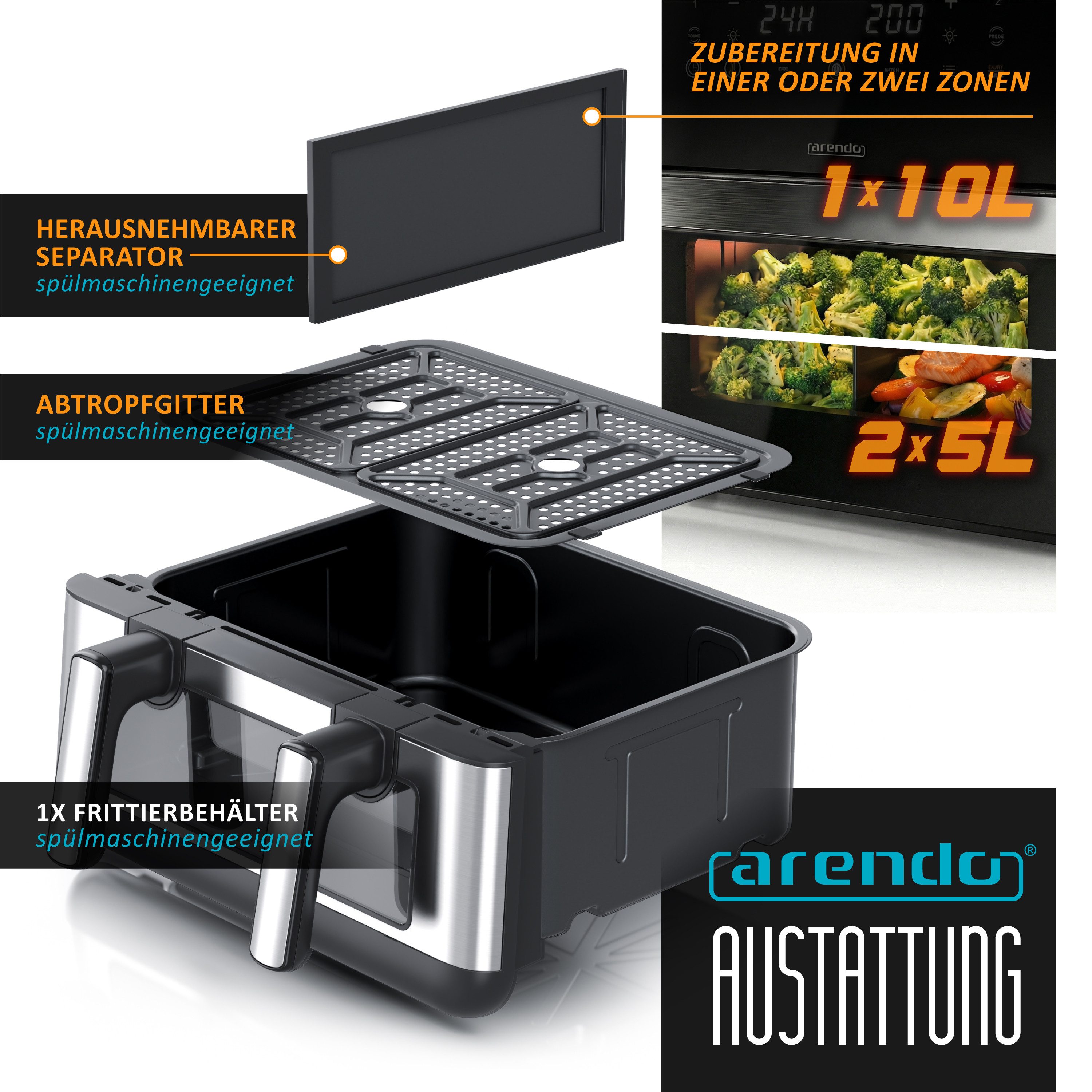 Arendo Heißluftfritteuse Airfryer XXL mit beleuchtetem Sichtfenster, Pre Heat & Turn-Food, 2400 W, mit Zubehör, Umluft Backofen, Sichtfenster Grill, Dörrautomat – Bild 5 von 5