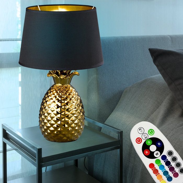 etc-shop LED Tischleuchte Leuchtmittel inklusive Warmweiß Farbwechsel Tisch Leuchte Ess Zimmer Ananas Optik Lese Lampe gold DIMMER im Set