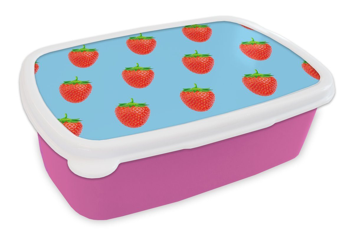MuchoWow Lunchbox Erdbeere - Muster - Sommer, Kunststoff, (2-tlg), Brotbox für Erwachsene, Brotdose Kinder, Snackbox, Mädchen, Kunststoff rosa