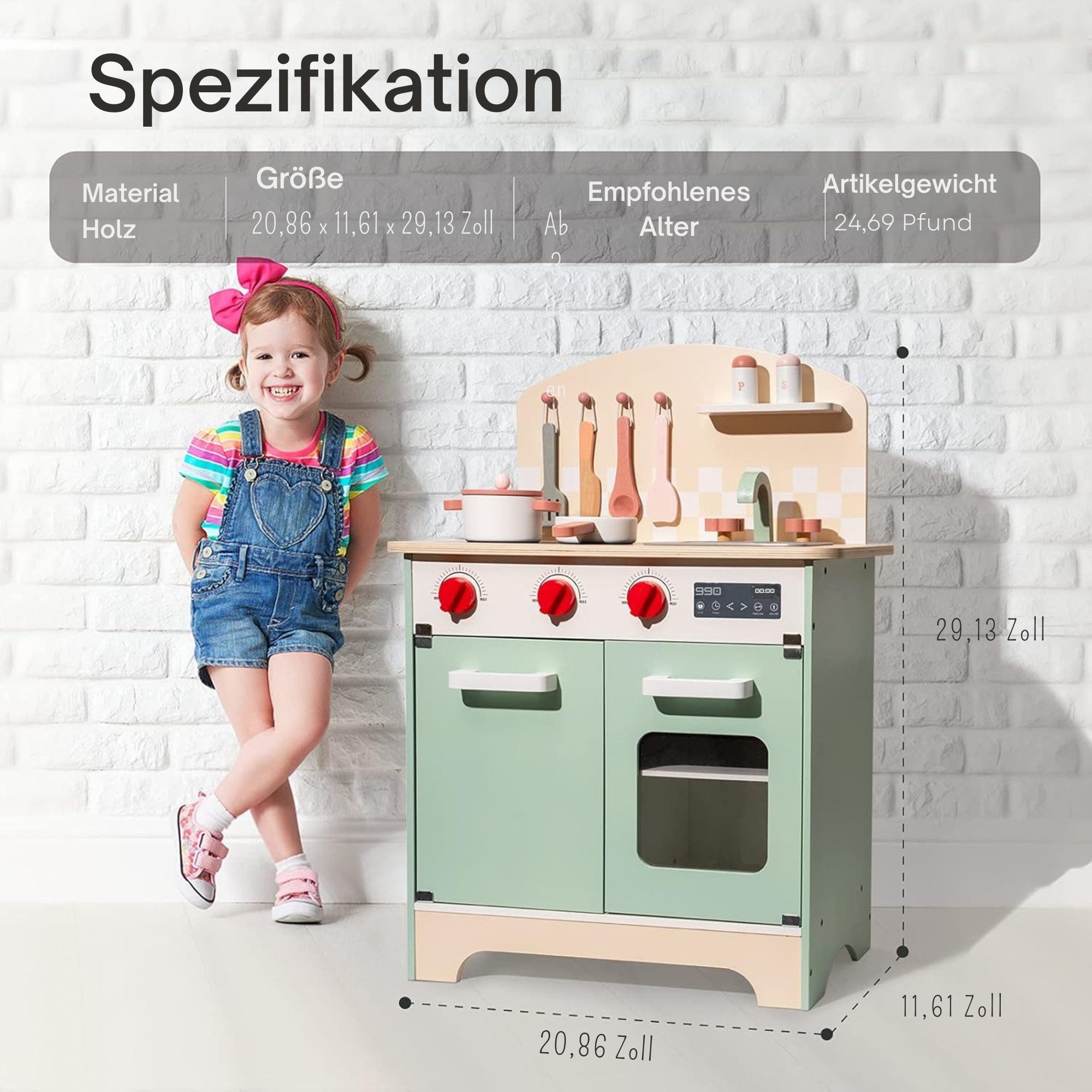 Vivitar Spielküche aus Holz mit Herd, Backofen, Kühlschrank, Mikrowelle & Spüle, kreatives Rollenspiel-Kochset für Kinder; Lernspielzeug