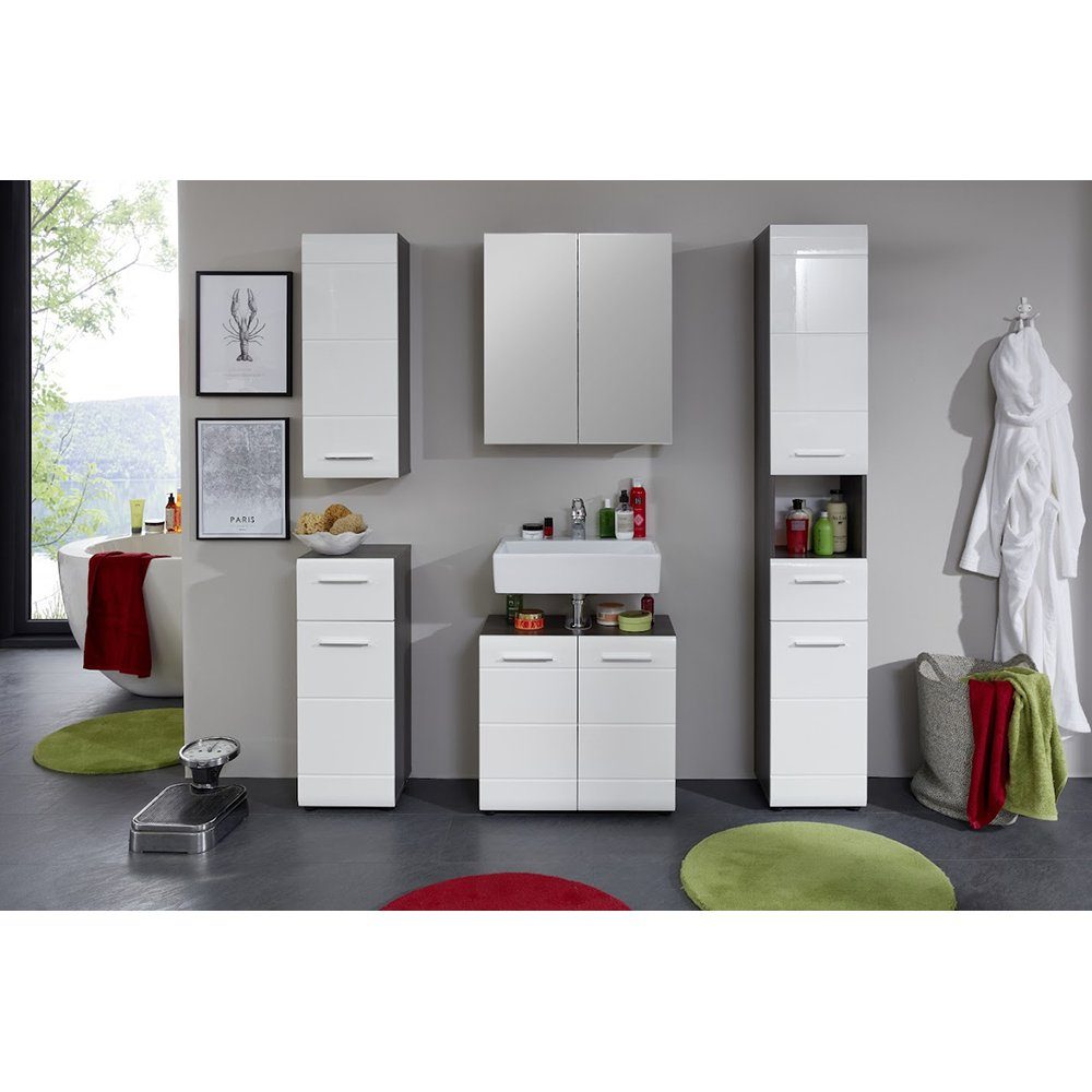 trendteam Badmöbel-Set Line/Skin, Hochschrank Spiegelschrank Waschbeckenunterschrank Hängeschrank
