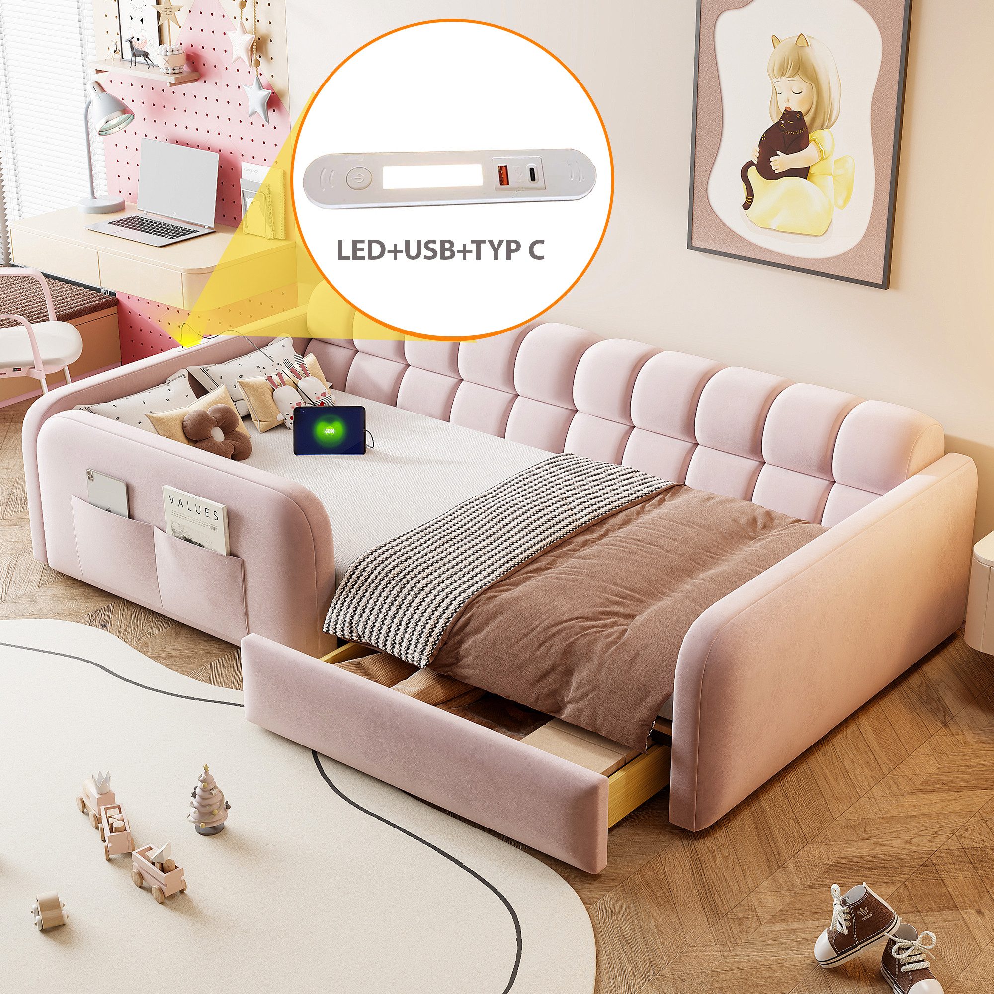 STILVORA Schlafsofa Polsterbett 90×200 mit Stauraum Bettgestell ohne matratze, USB-Anschluss, Nachtlicht, hohe Sicherheitsgeländer, Für Kinderzimmer, Jugendzimmer und gemütliche Schlafräume