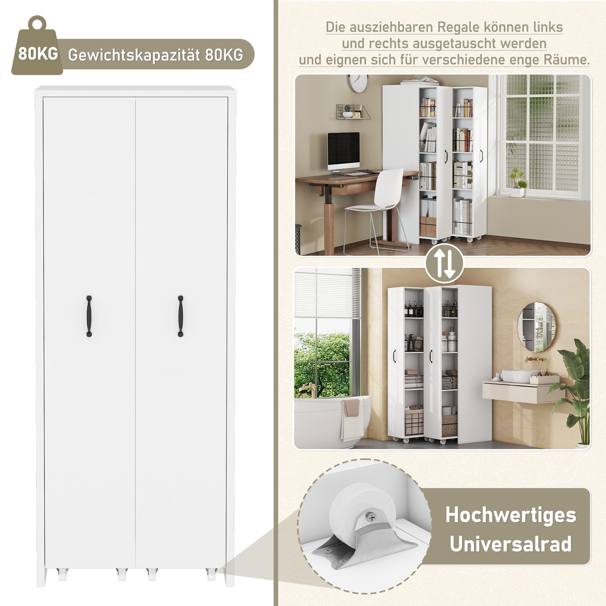 Celya Bücherregal Erweiterbares Bücherregal mit Rollen, 4 Ebenen, MDF, Küche oder Wohnzimmer verwendet werden, Links und rechts austauschbar, 20 kg Tragkraft pro Ebene