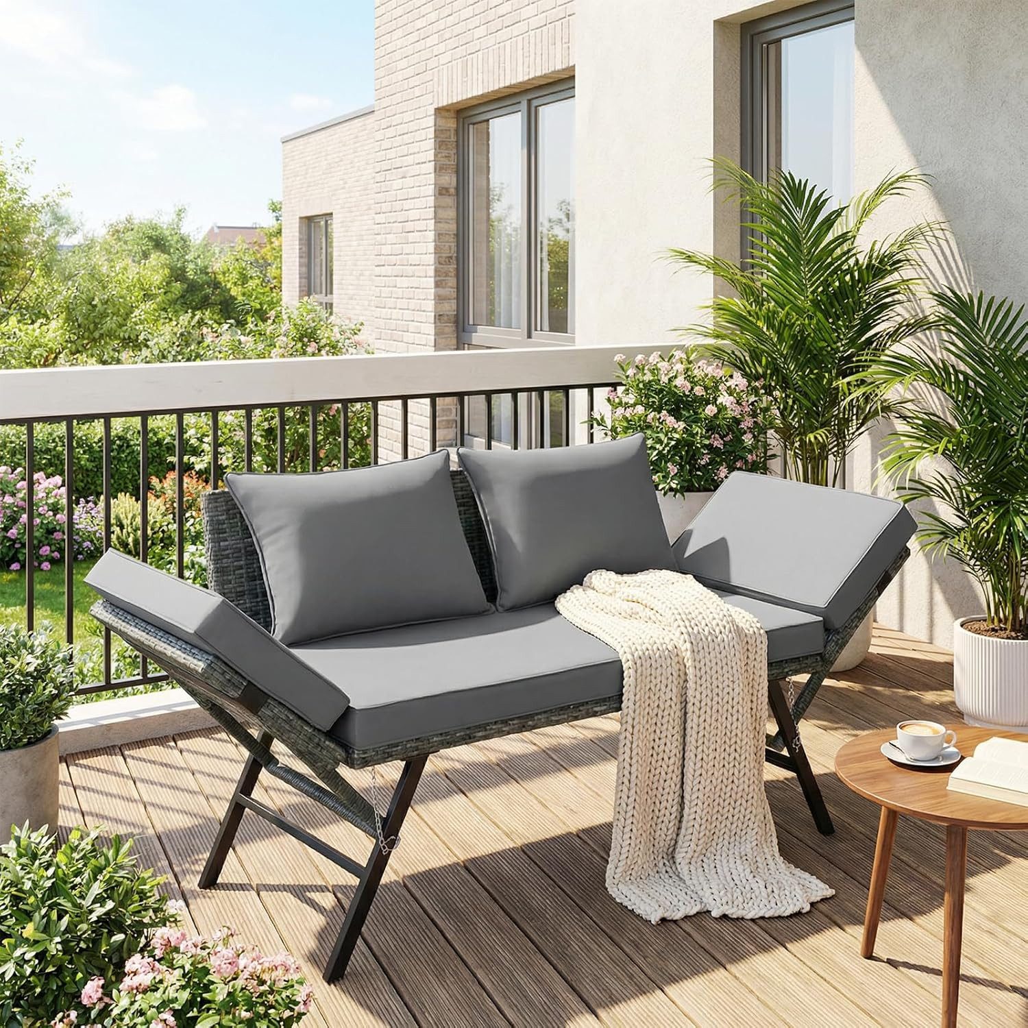 TLGREEN Gartenbank mit Liegefunktion, Wetterfest UV-beständig Rattan Garten günstig online kaufen