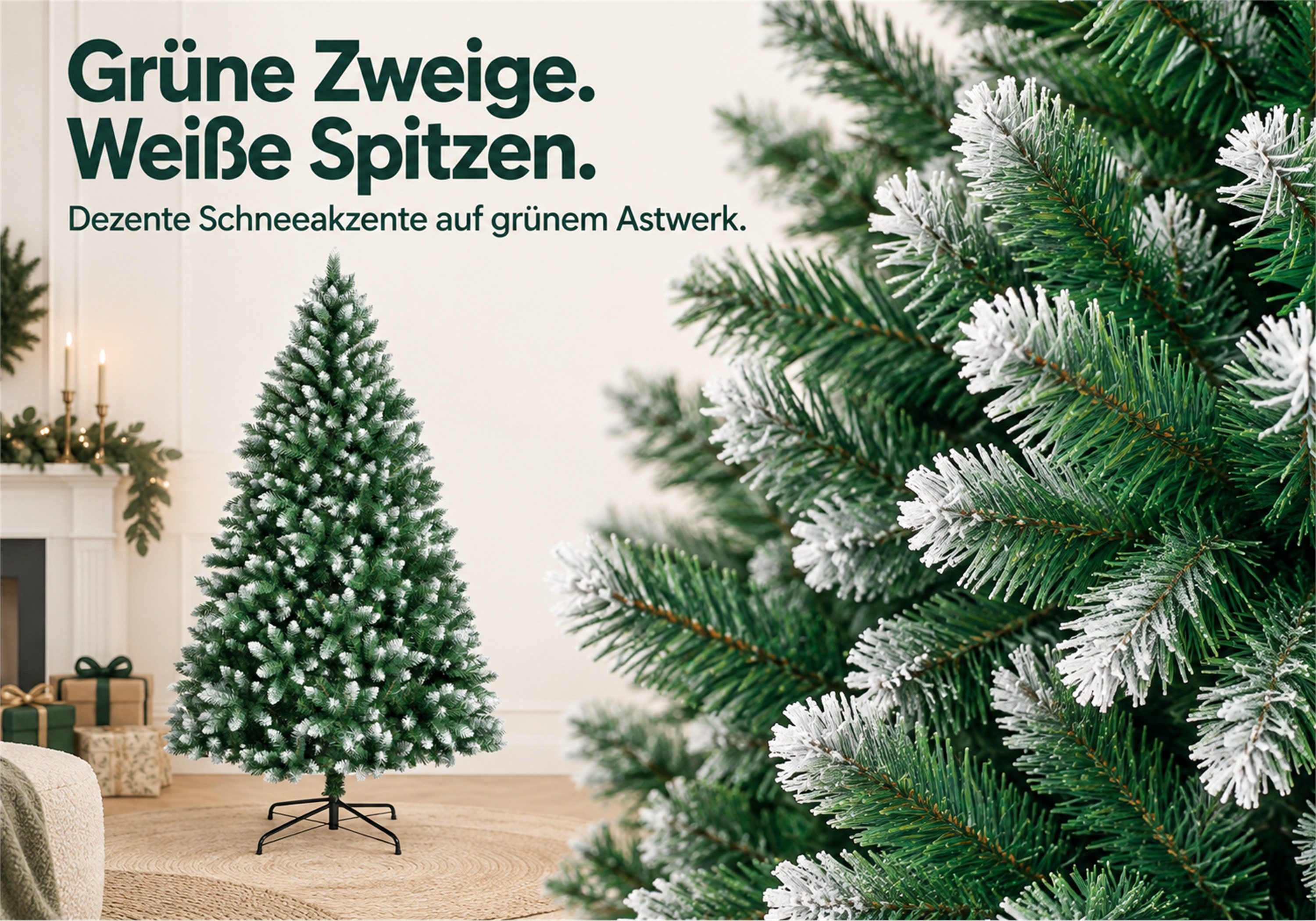 Vankel Künstlicher Weihnachtsbaum grüner Tannenbaum mit weißen Spitzen, Schnee-Optik und Metallständer, Grüner Tannenbaum mit dezenten Schneeakzenten und einem  – Bild 3 von 5