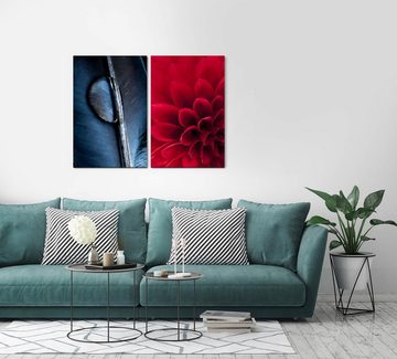 Sinus Art Leinwandbild 2 Bilder je 60x90cm Dahlie rote Blume Tropfen Feder Fotokunst Beruhigend Makrofotografie