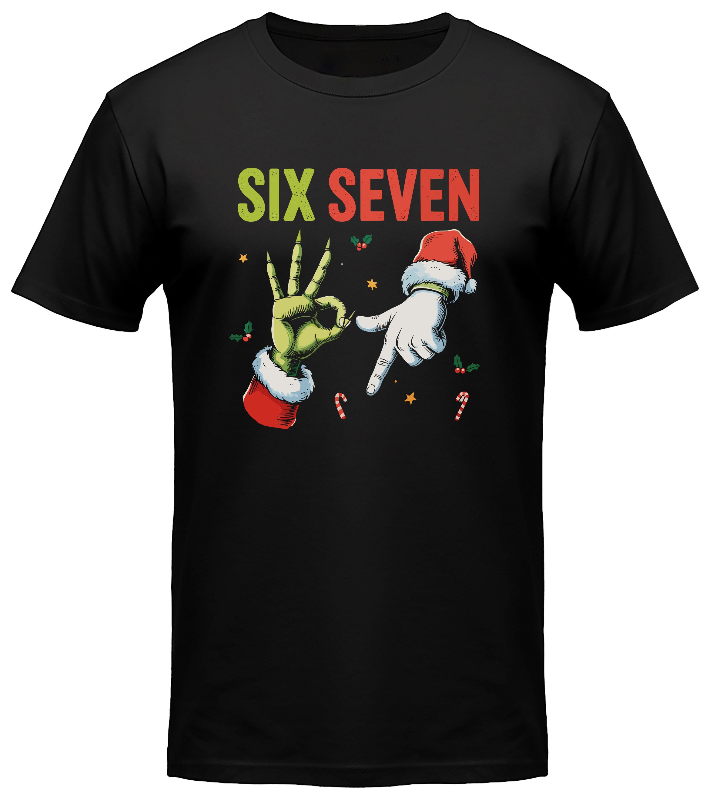 MyDesign24 T-Shirt Six Seven 6 7 print Shirt Weihnachtsshirt Katzen T-Shirt schwarz kurzarm Regular Fit i777