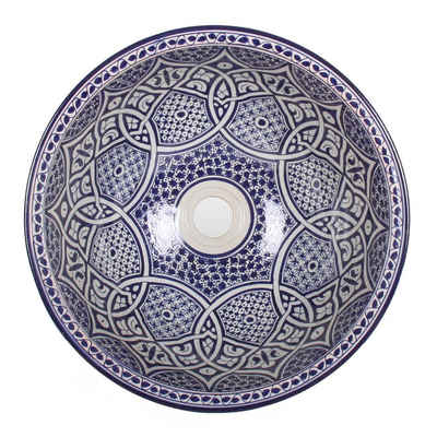 Casa Moro Waschbecken Mediterranes Keramik-Waschbecken Fes103 Ø 40 cm rund H 18 cm blau, Handmade marokkanische Waschschale Handwaschbecken Aufsatzwaschbecken für Badezimmer Küche Gäste-WC, WB40313, Handmade