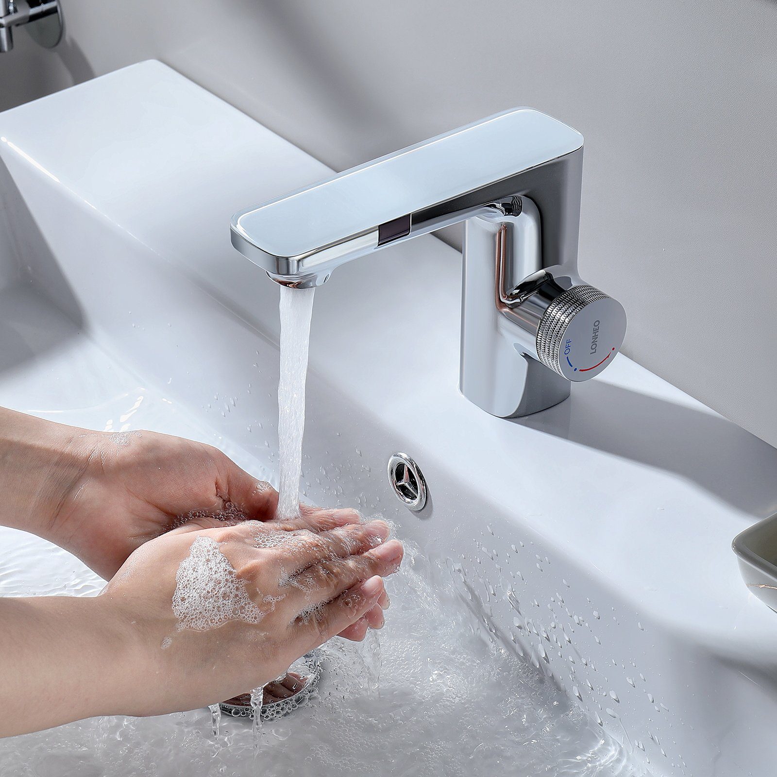Lonheo Waschtischarmatur Sensor Mischbatterie Waschbecken IR Silber Wasserhahn Infrarot Automatik