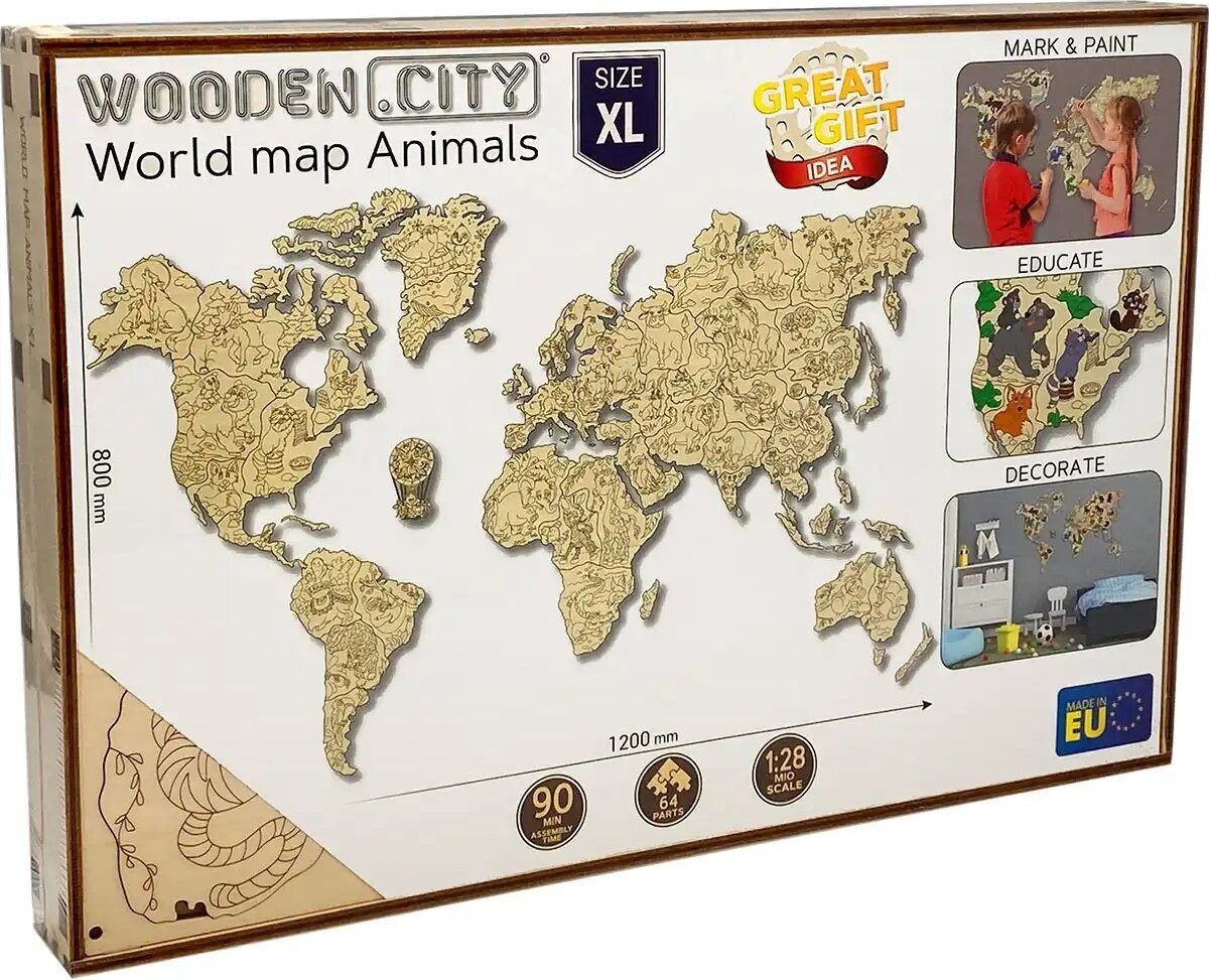 Wooden City Puzzle WOODEN CITY Weltkarte aus Holz ZOO XL, Puzzleteile